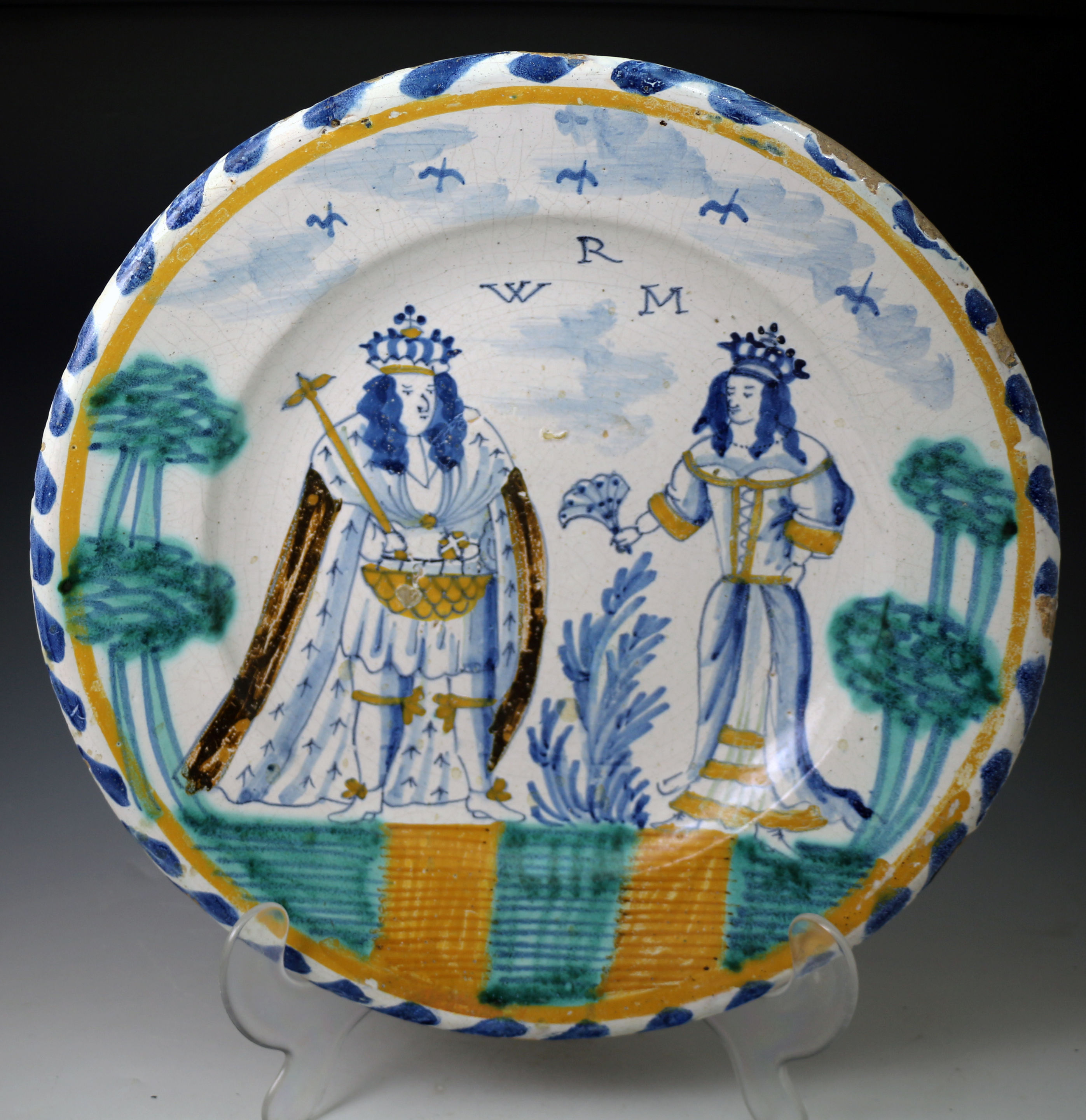 English delftware blue dash charger Royal double portraits of William 111 and Mary 11 late 17th c.