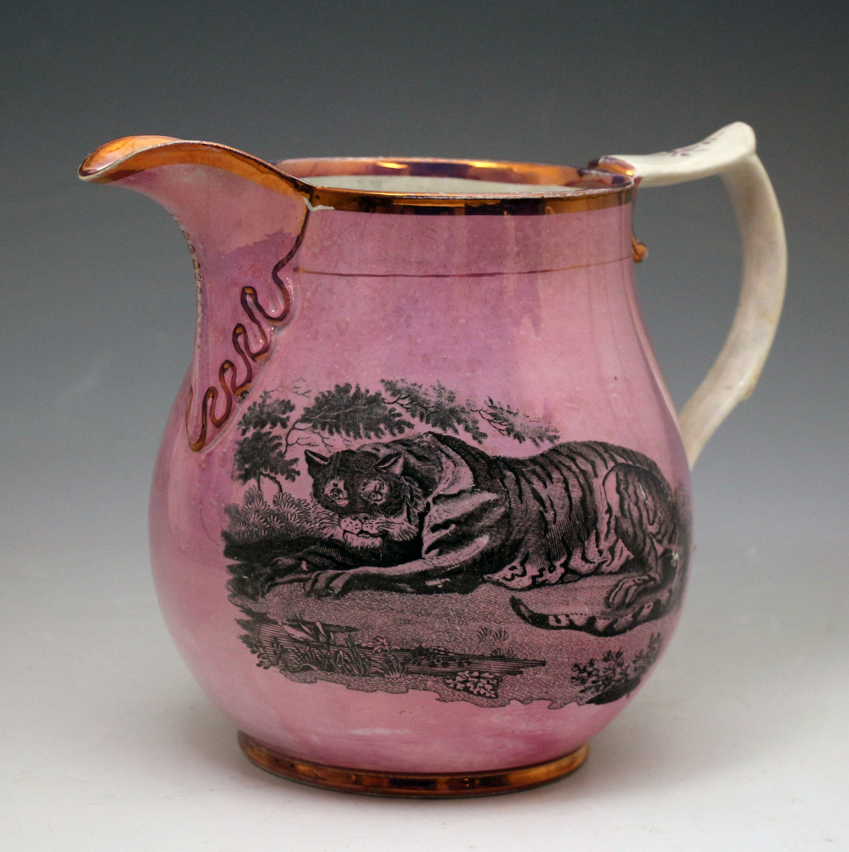 Antique English pottery pink luster pitcher with image of tiger early 19th century