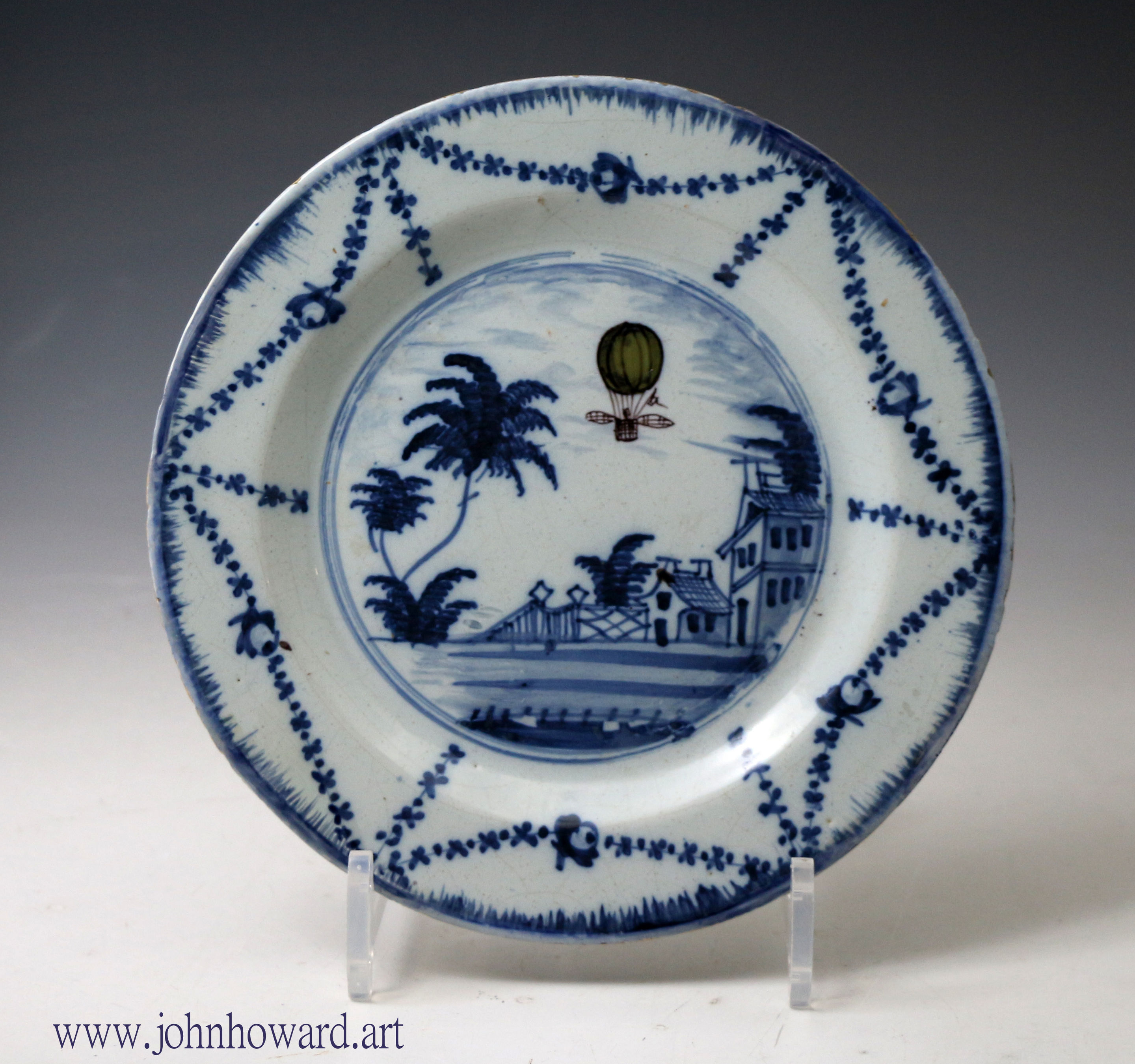 Ballon flight London delftware plate  8 inches diameter circa 1785