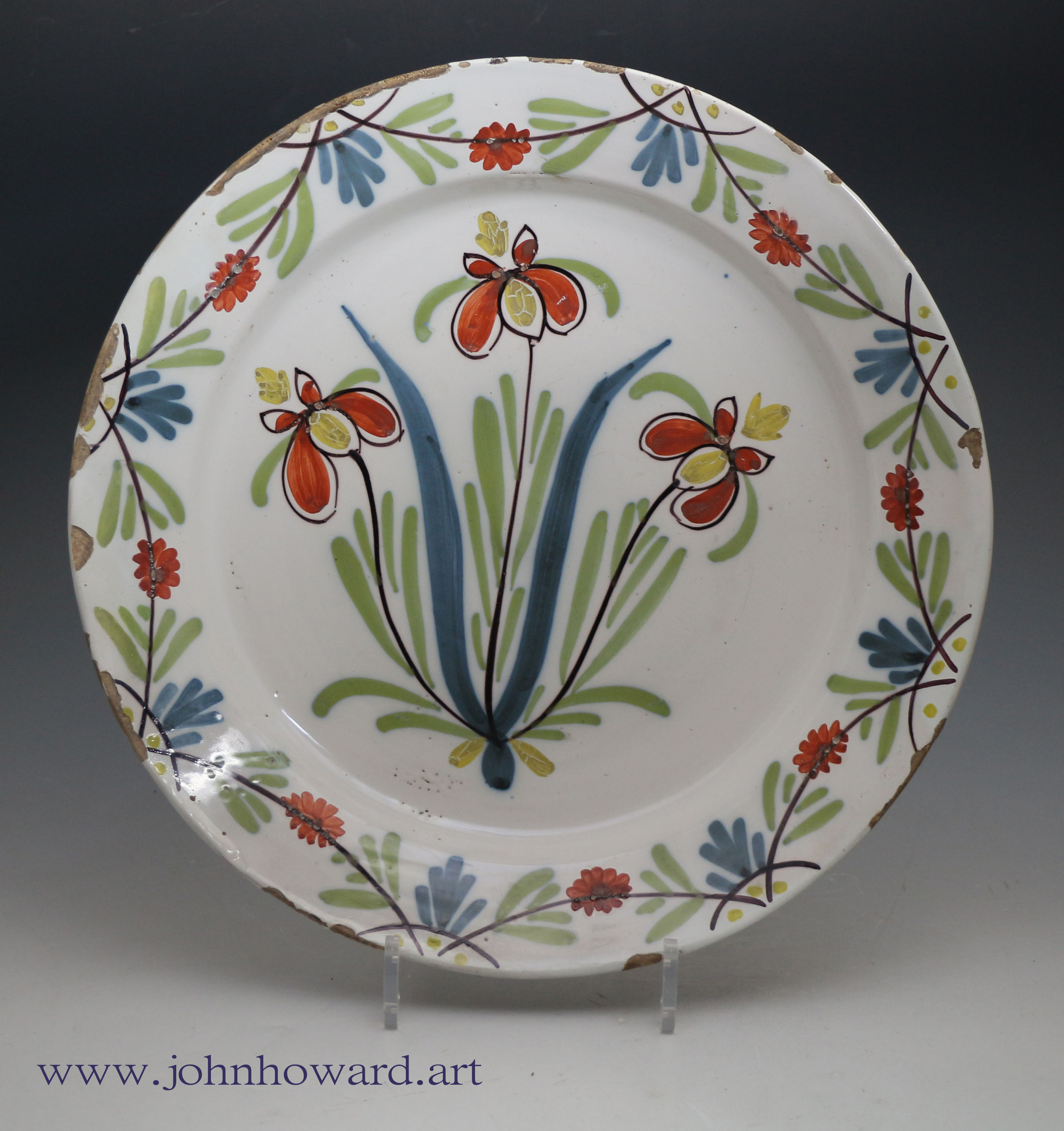 Antique English delftware pottery chargerBristol mid 18th century period.