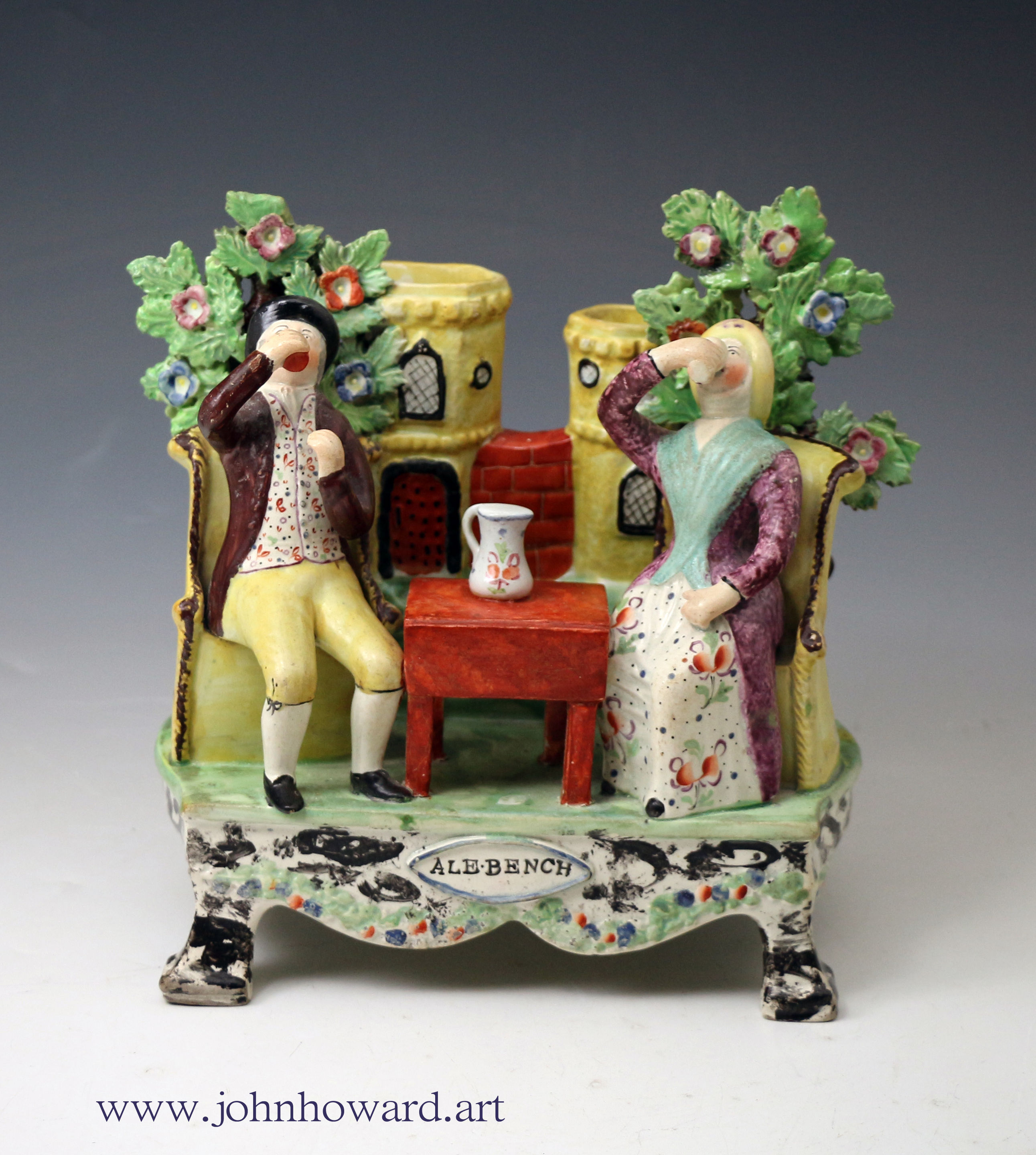 Antique Staffordshire pottery figure group titled ALE BENCH attrib.Sherratt made circa 1820 