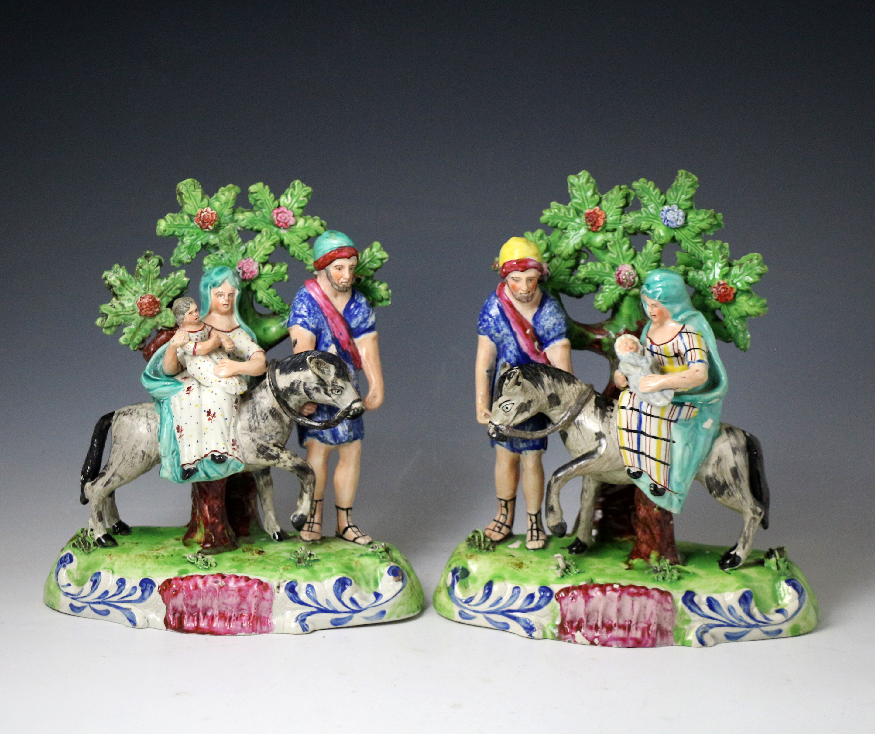 Staffordshire pottery pair of pearlware  bocage figures Flight and Return Eygpt made in circa 1820 antique period