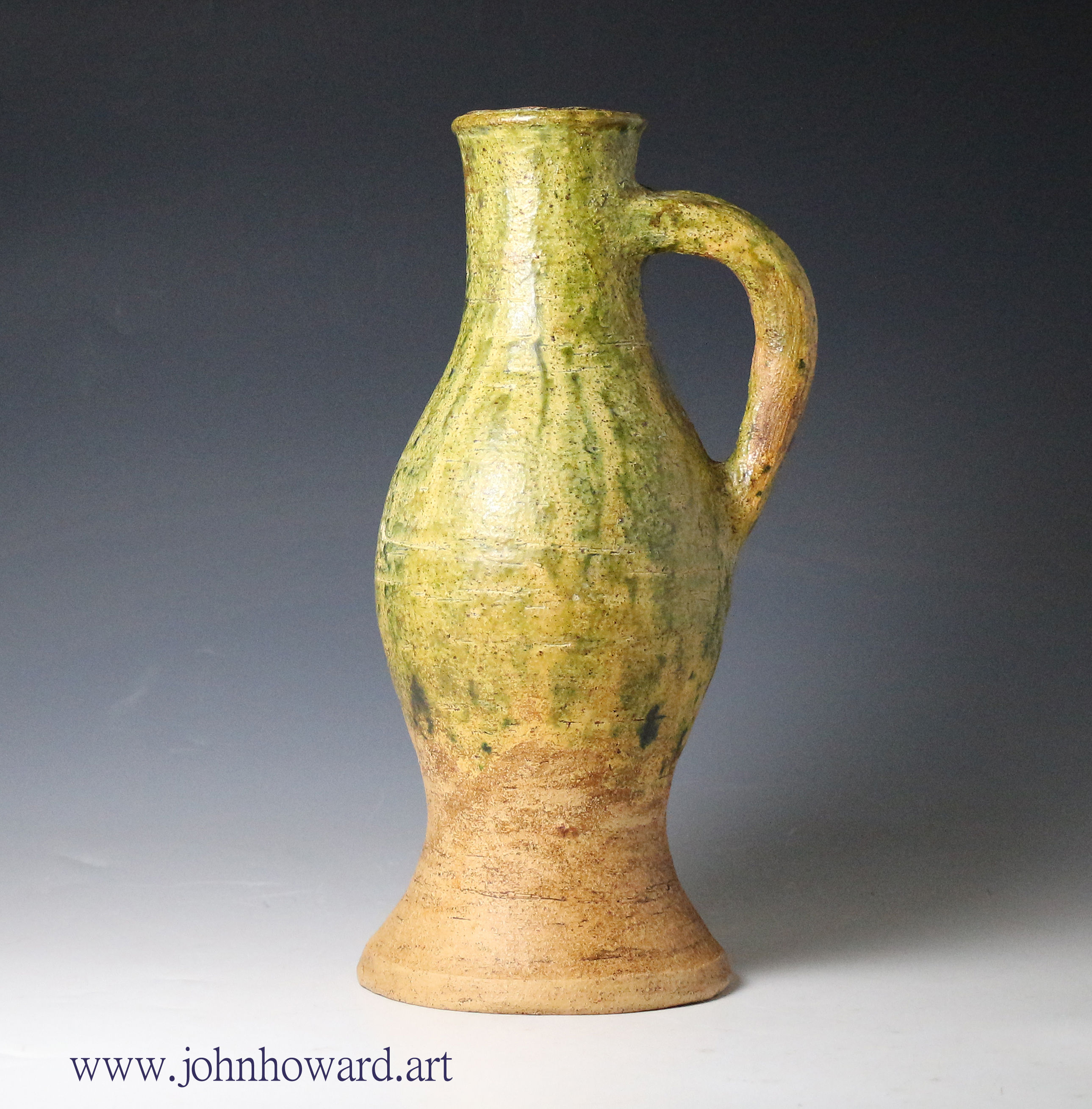 English medieval earthenware  jug with green glaze 14th century