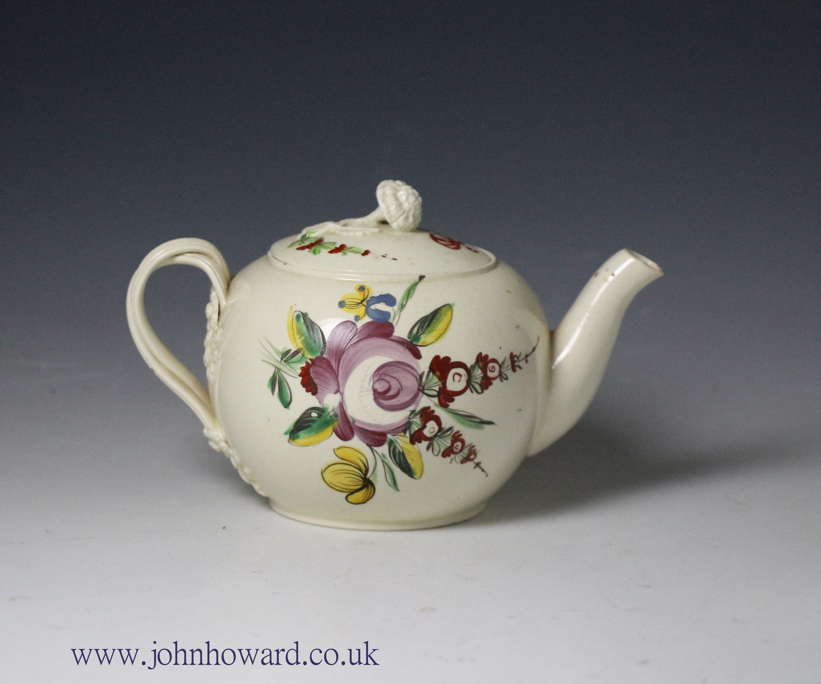 Antique English creamware teapot with floral decoration Yorkshire  pottery 18th century