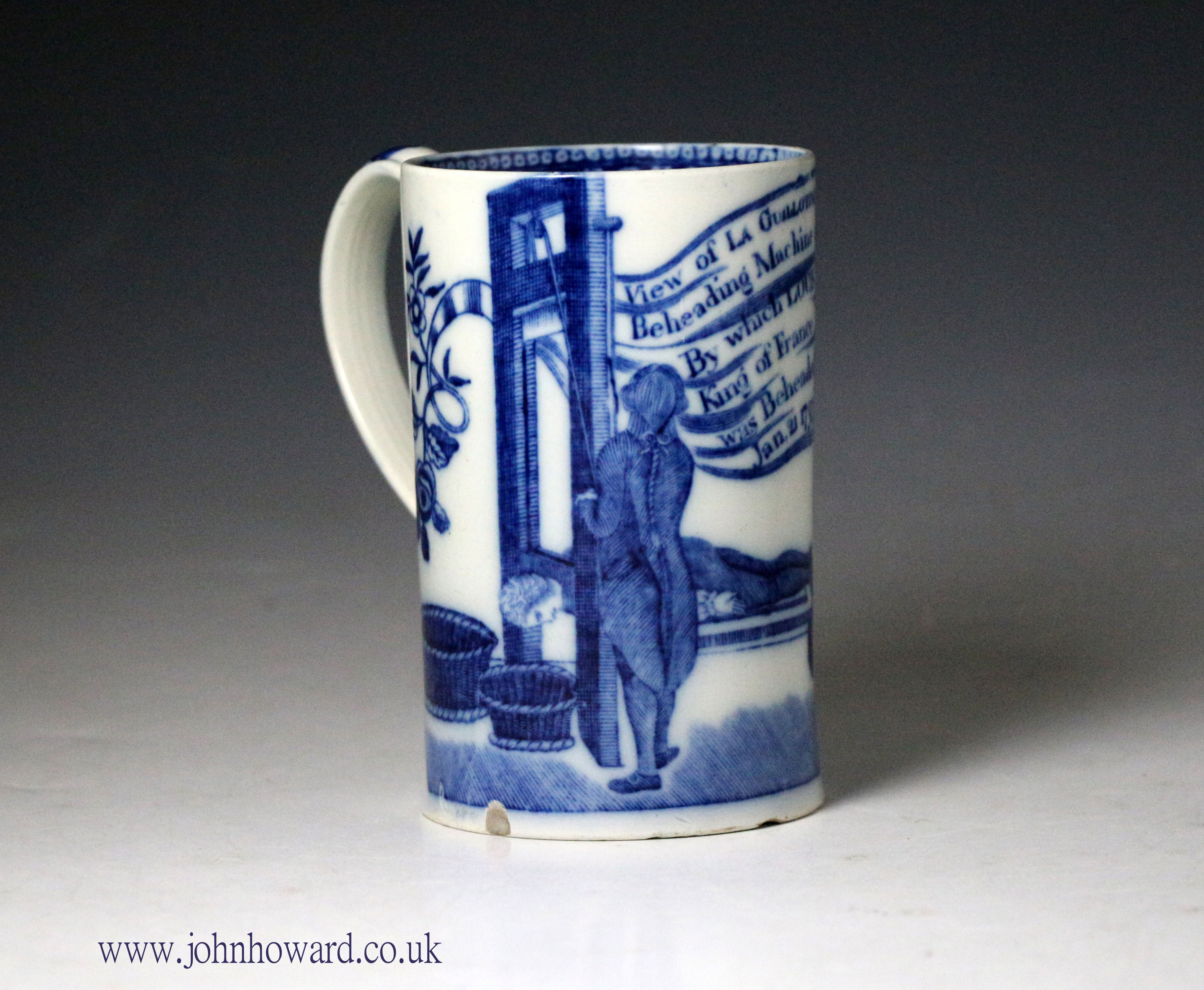 Swansea Pottery Blue and White tankard with transfer related to The Guillotine and the beheading of Louis XVI in 1793