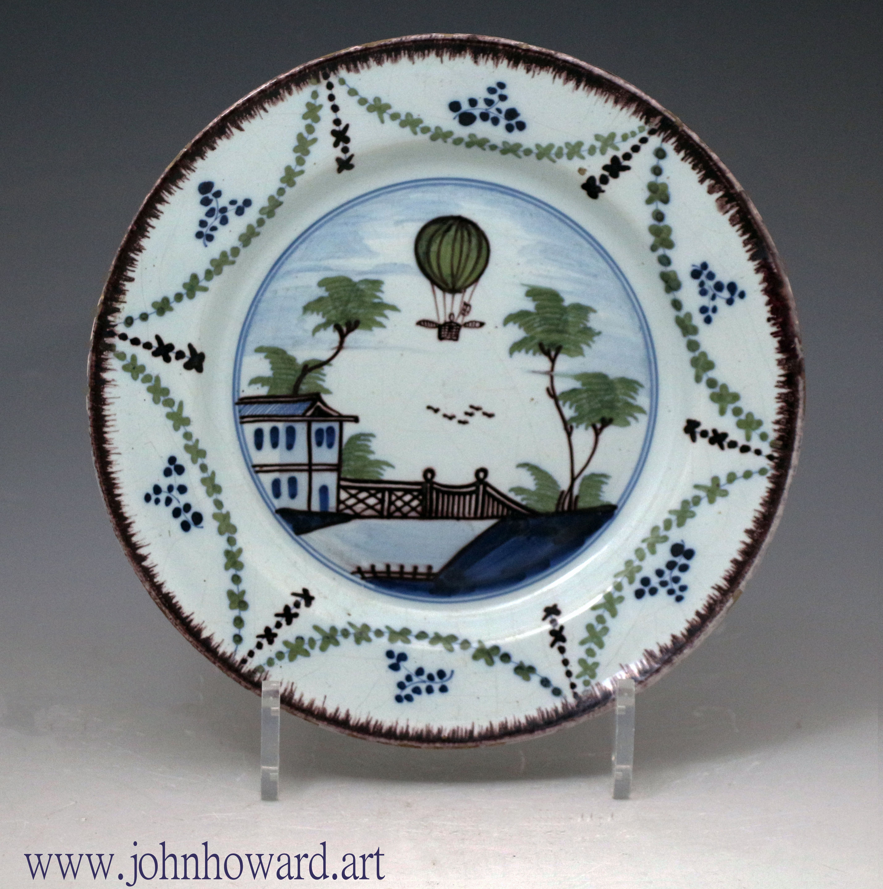  London delftware pottery polychrome coloured plate  Lunardi's Balloon flight 1784