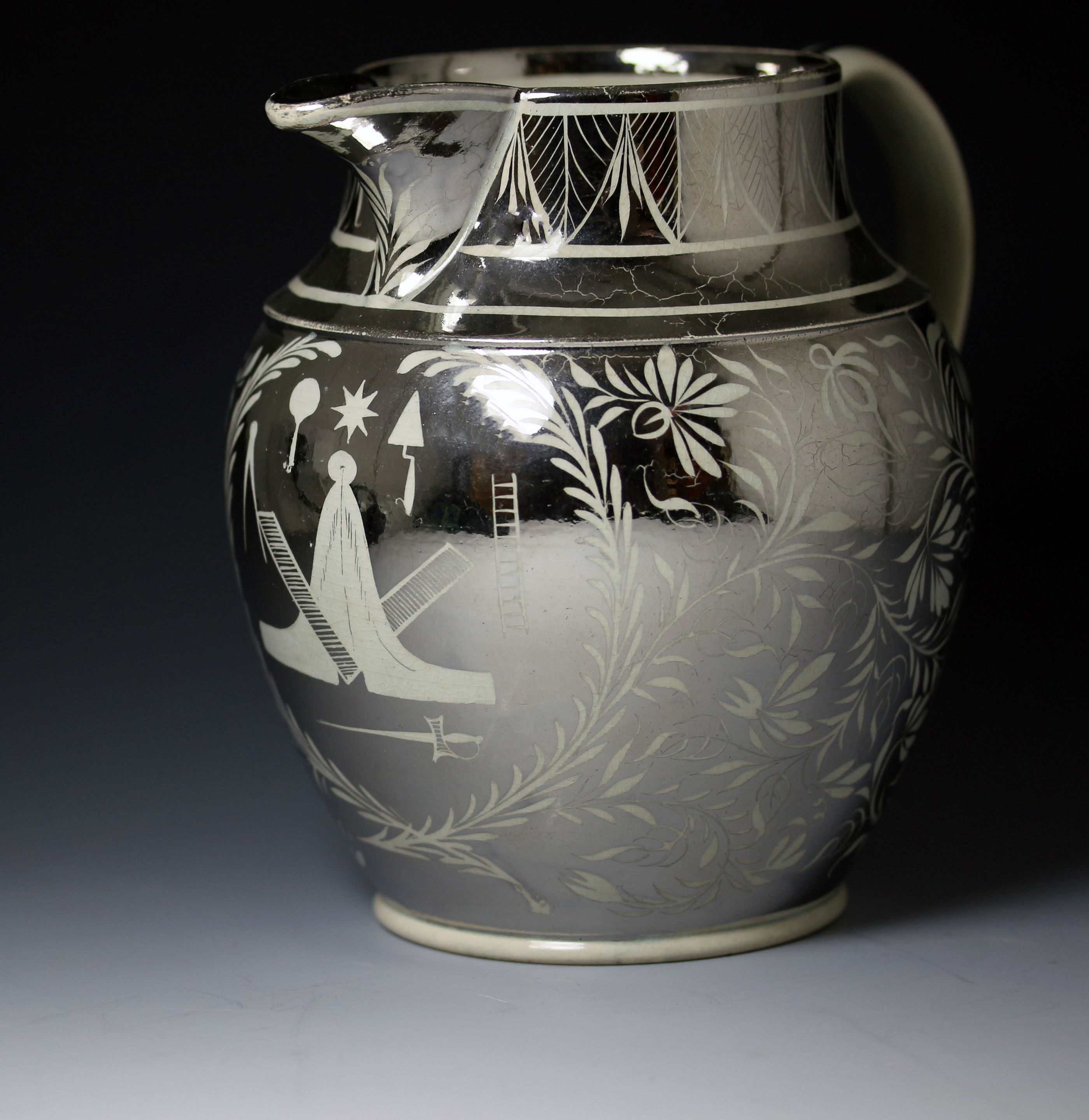 Antique pottery silver luster pitcher with Masonic emblems made in England early 19th century