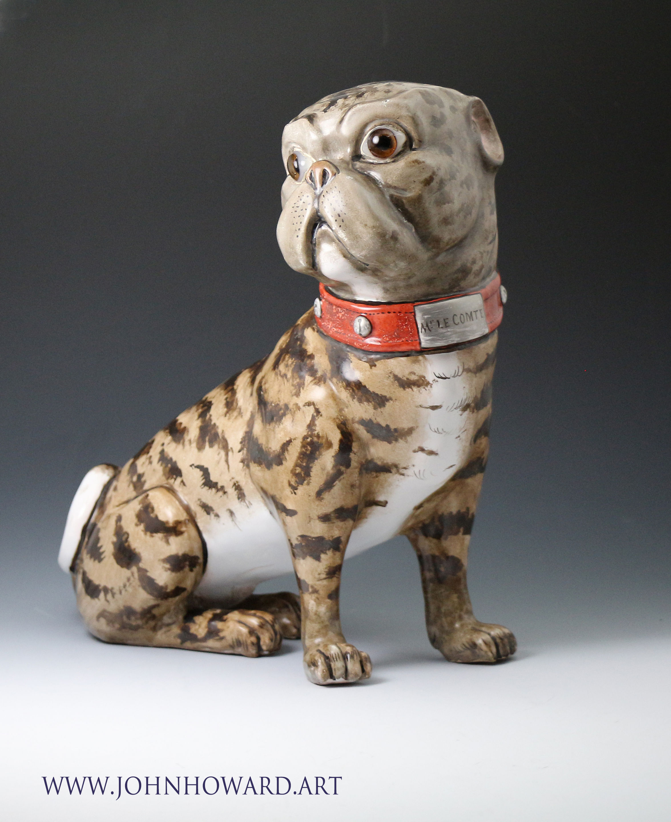 Galle faience pottery  pug dog titled Mr le Comte, Nancy France circa 1900 antique period