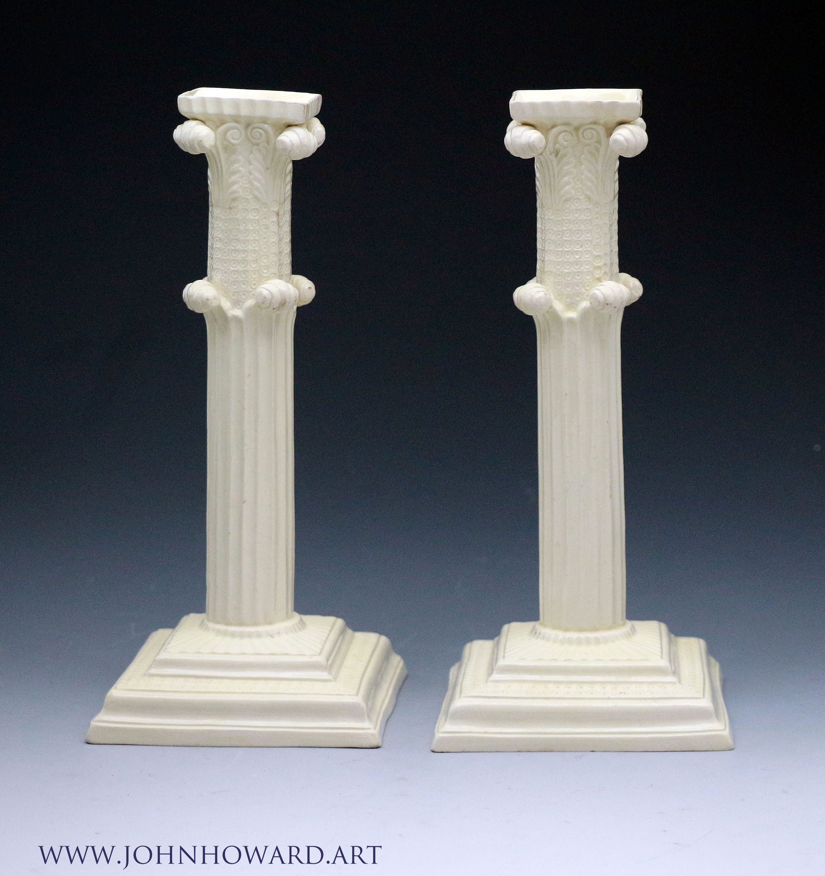 Antique period creamware pottery pair candlesticks circa 1775 period Staffordshire England