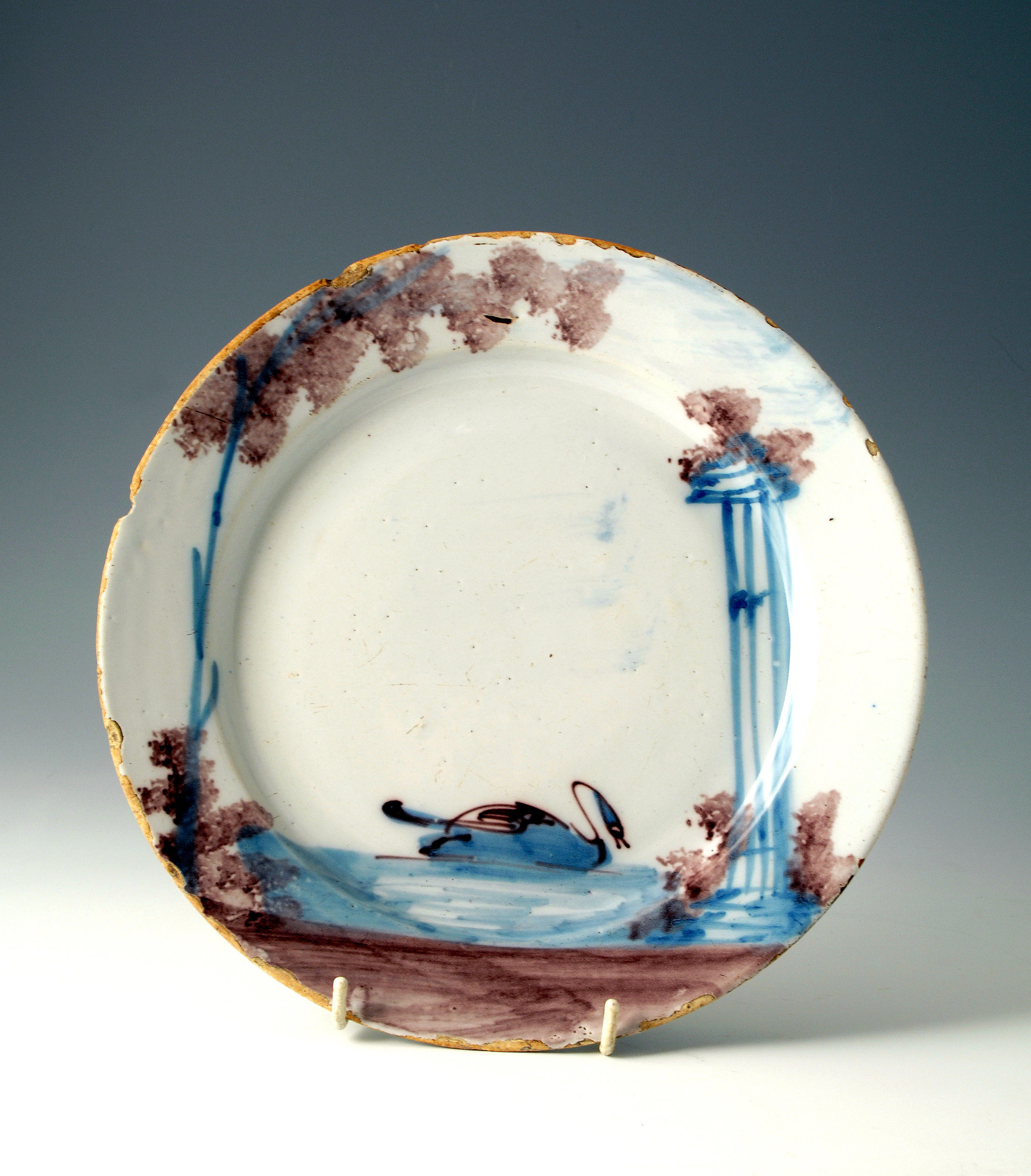 English delftware  plate in polychrome with image of a swan c1735