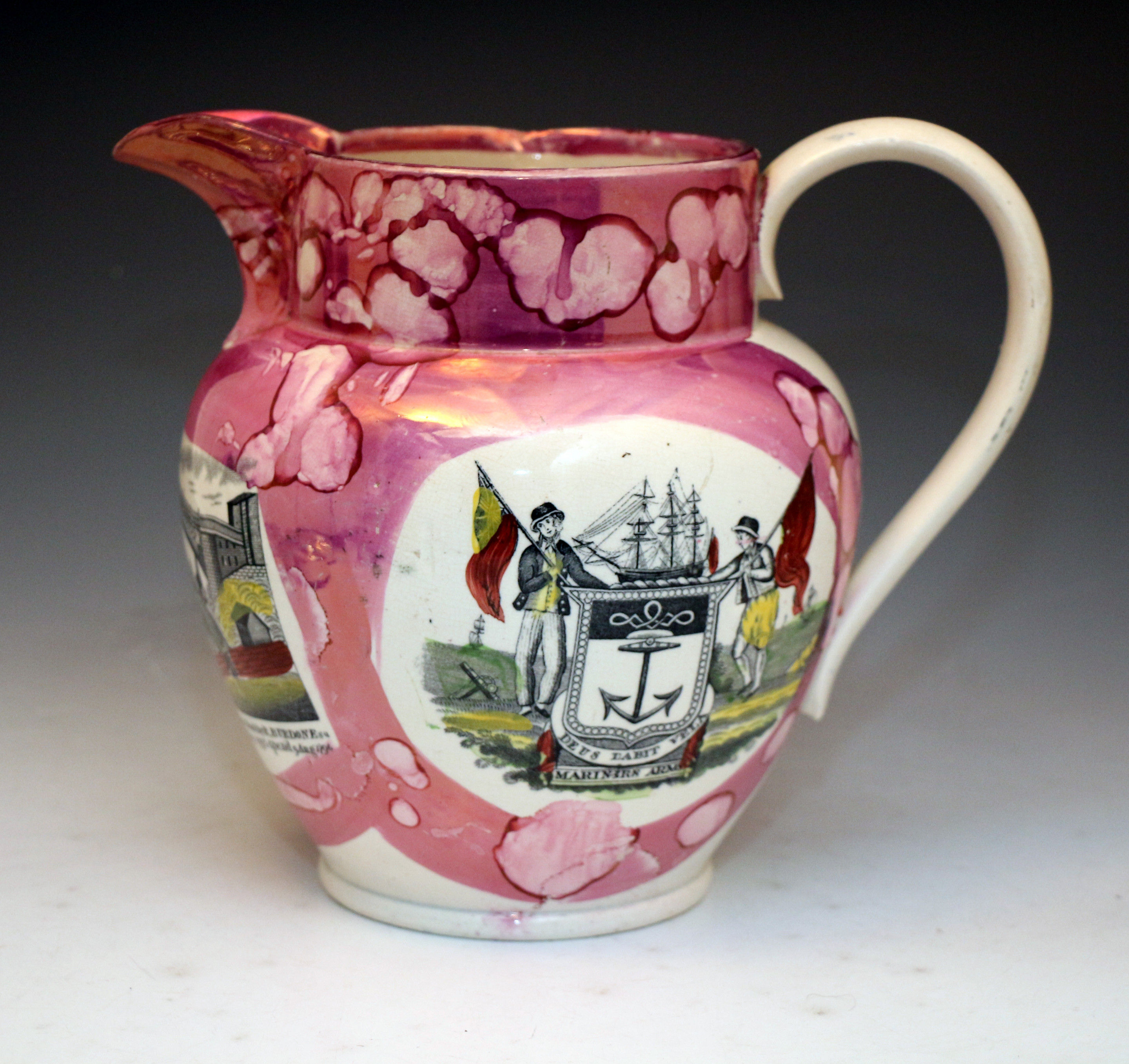 Sunderland Pottery pink splash luster pitcher. c1835