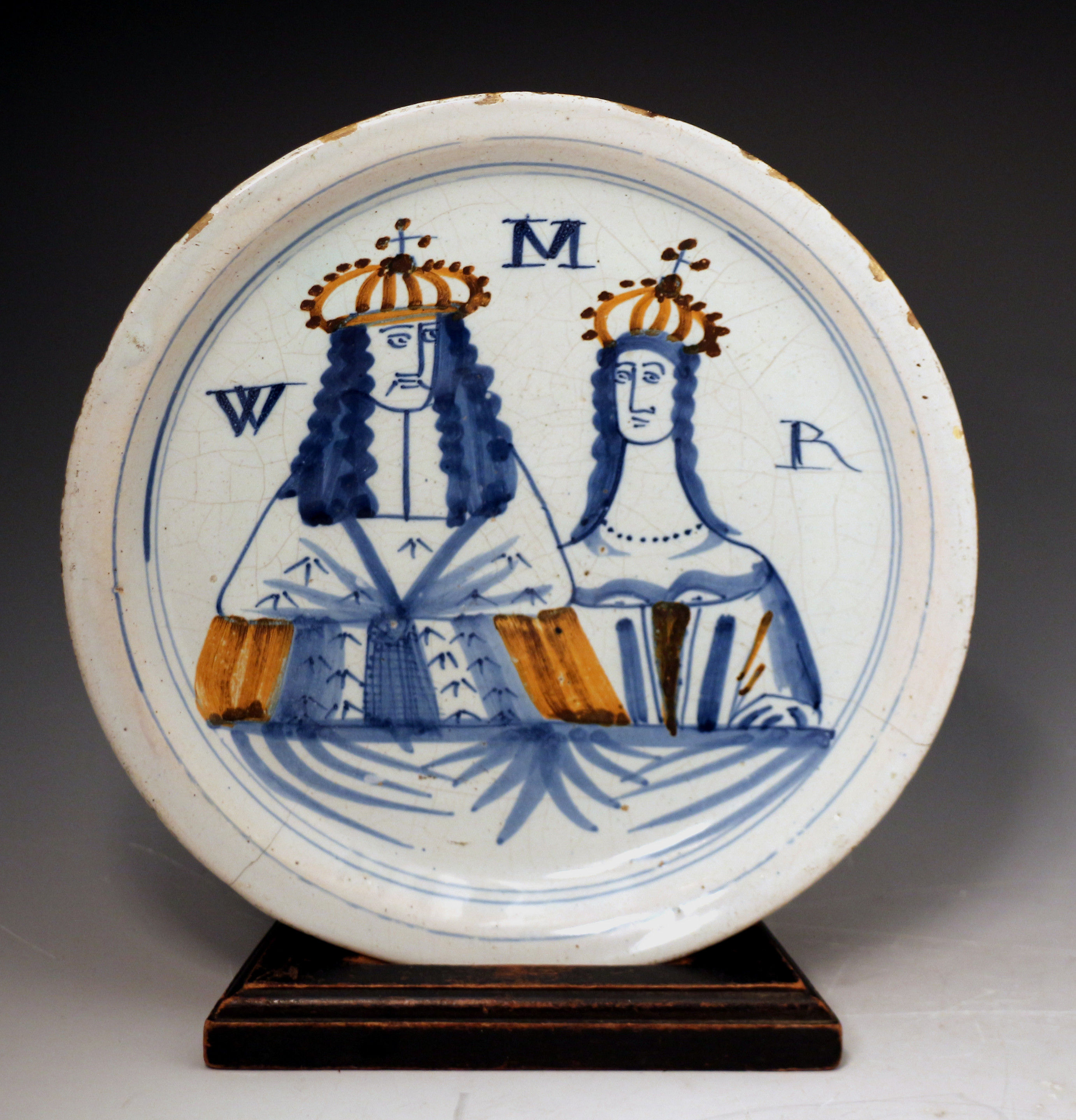 London delftware plate  commemorating King William and Mary late 17th century