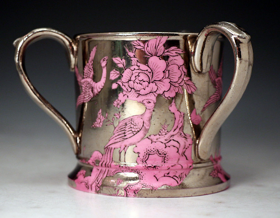 Pink Ground silver luster tyg Staffordshire pottery early 19th century.