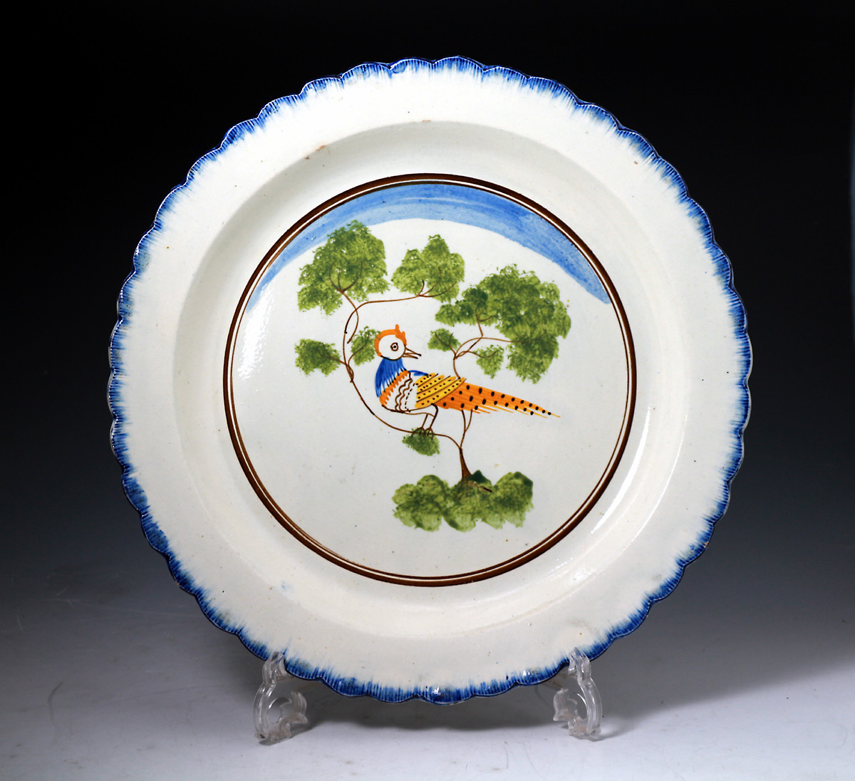 Antique English pottery pearlware blue edged plate with peafowl