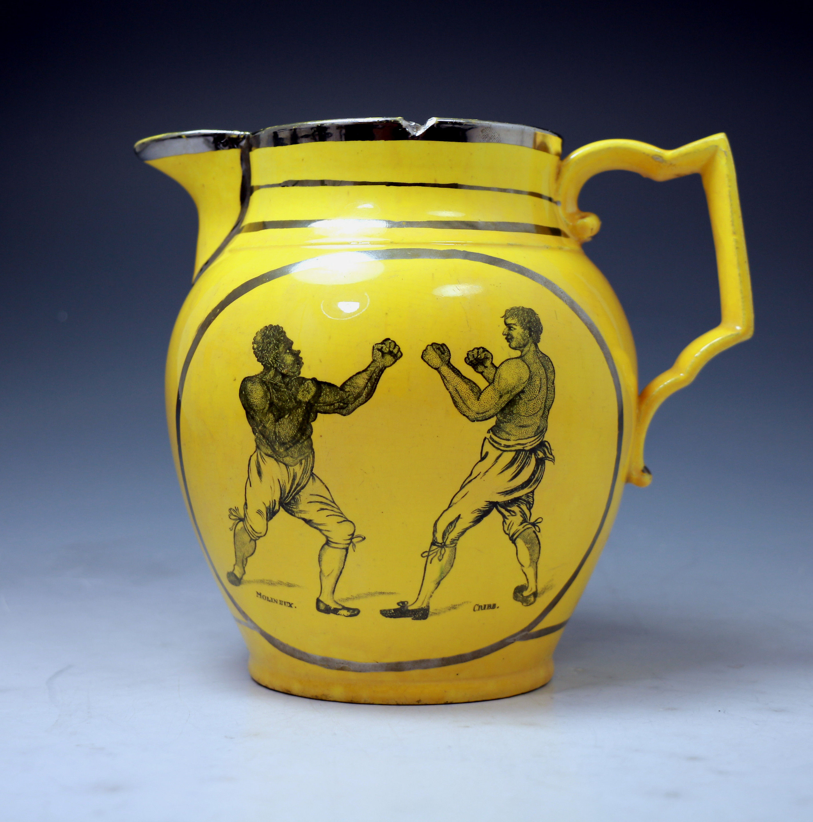 English pottery commemorative jug with Molineaux and Cribb the Boxers c1815