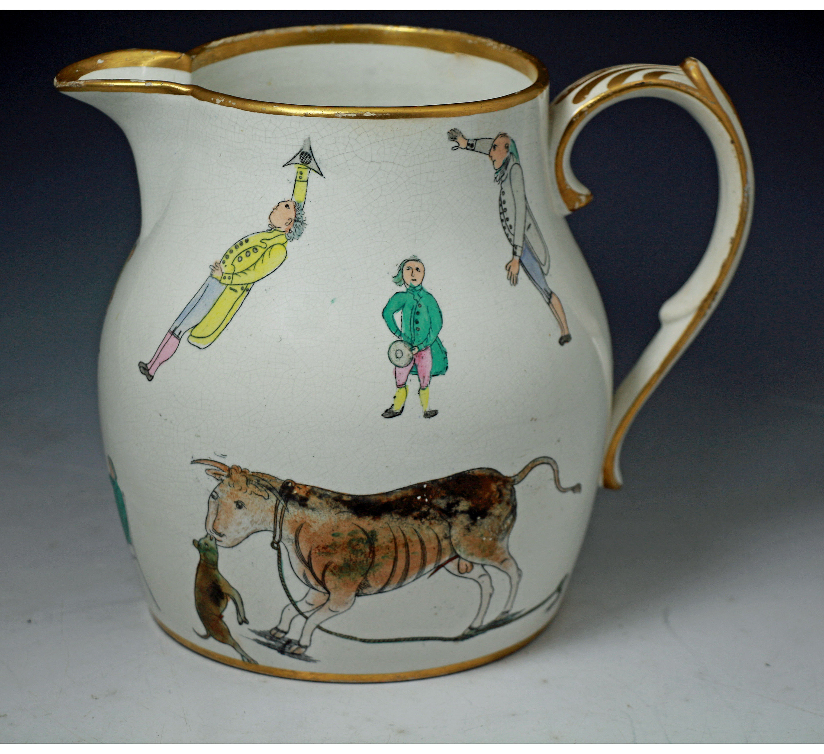 Staffordshire pottery pitcher with bull baiting motifs circa 1820
