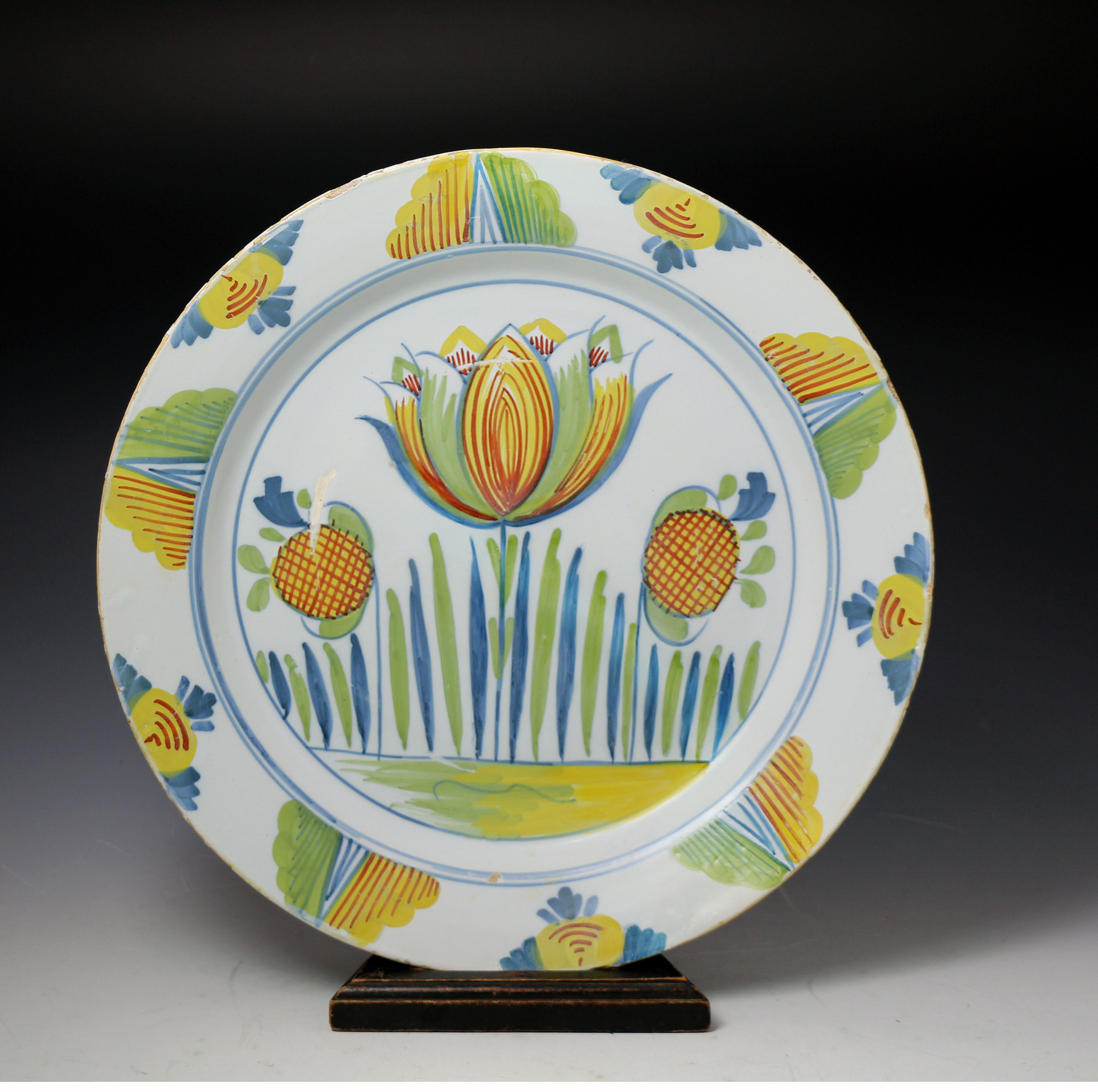 ANTIQUE  ENGLISH DELFTWARE POLYCHROME TULIP CHARGER C1700