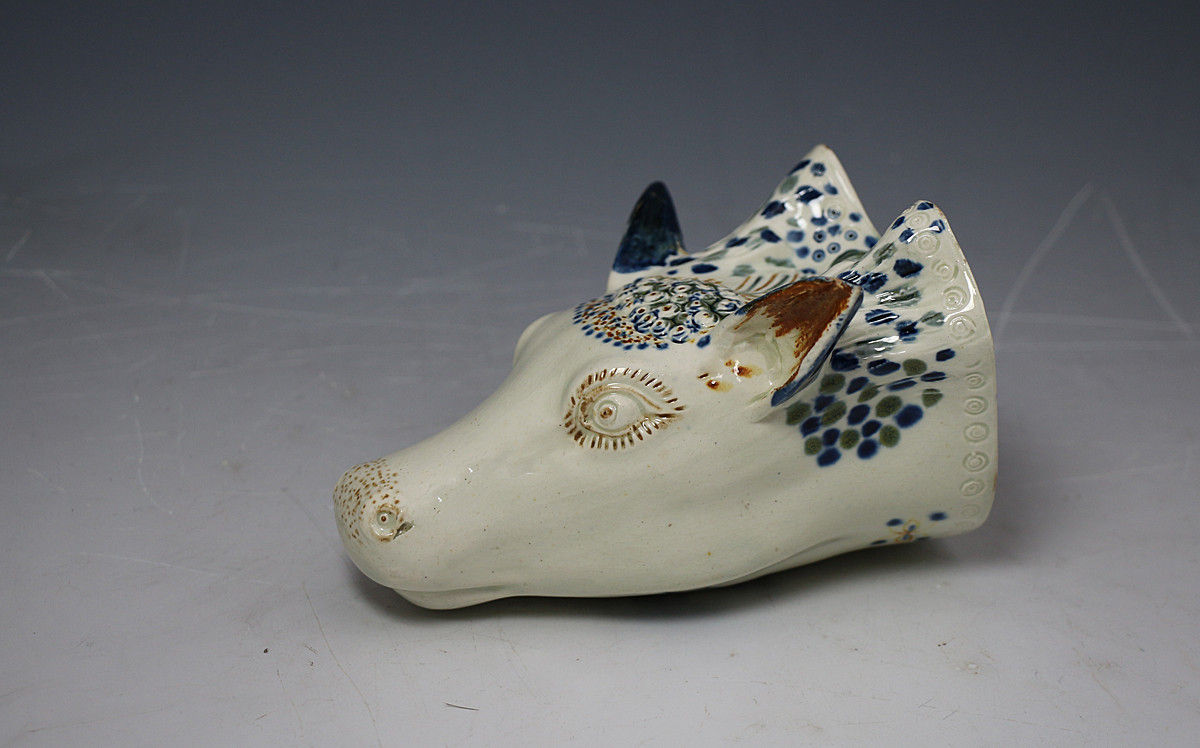 Antique English Prattware pottery stag head stirrup cup circa 1790