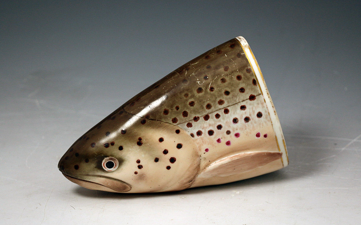 Antique Salmon head stirrup cup Derby porcelain c1800