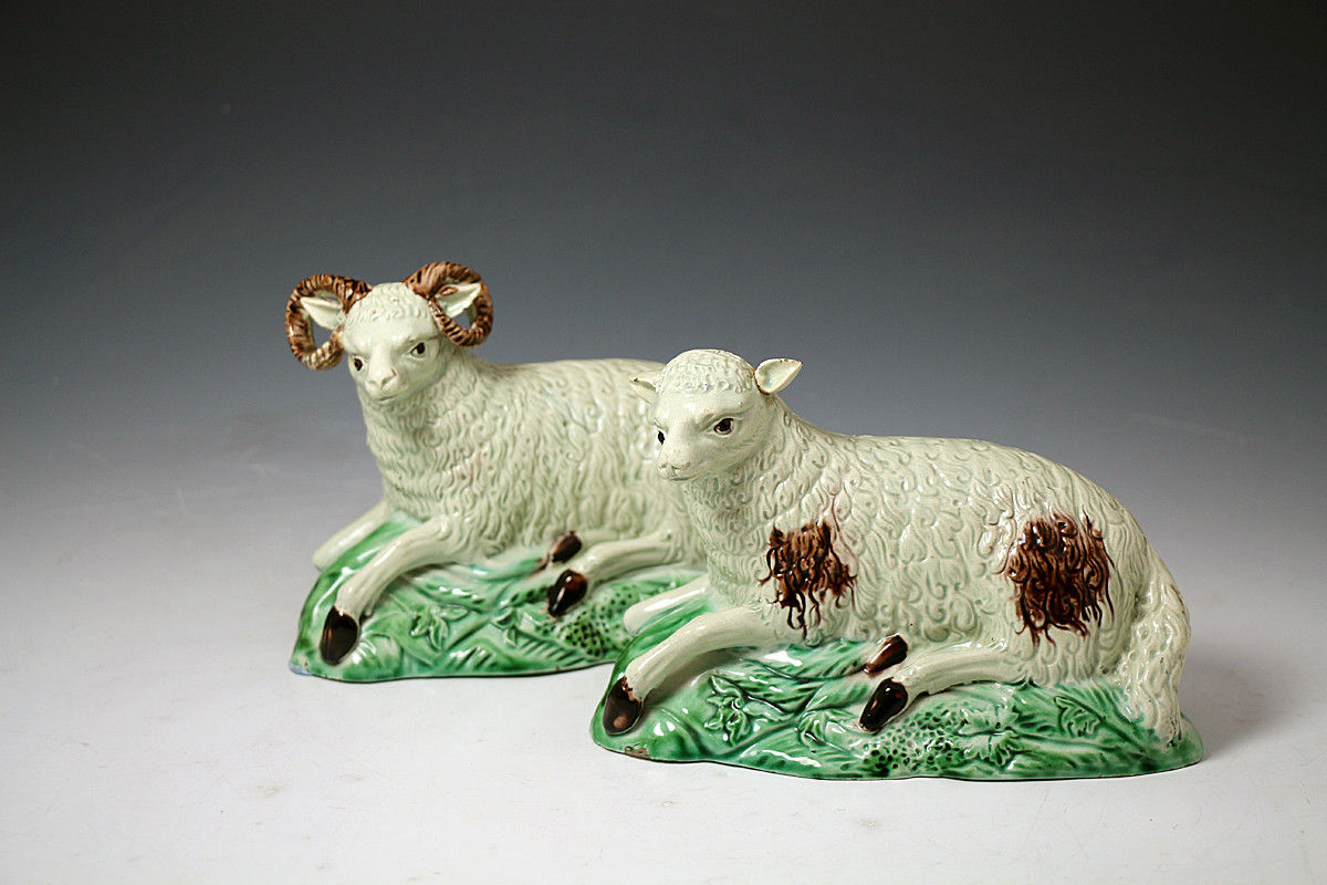 Staffordshire pottery figures of ewe and ram by Ralph Wood circa 1790
