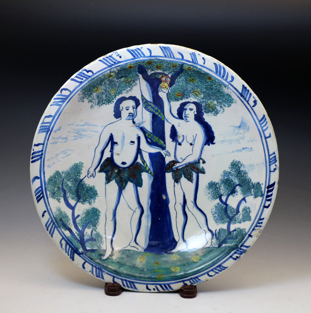 Adam and Eve English Delftware Charger period circa 1720