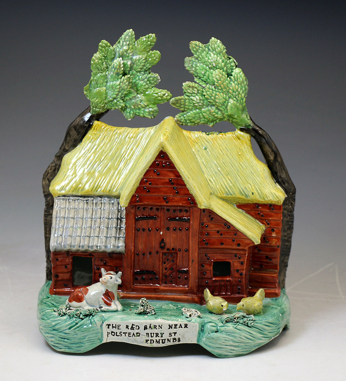 Antique English Staffordshire pottery RED BARN figure group with bocage circa 1828