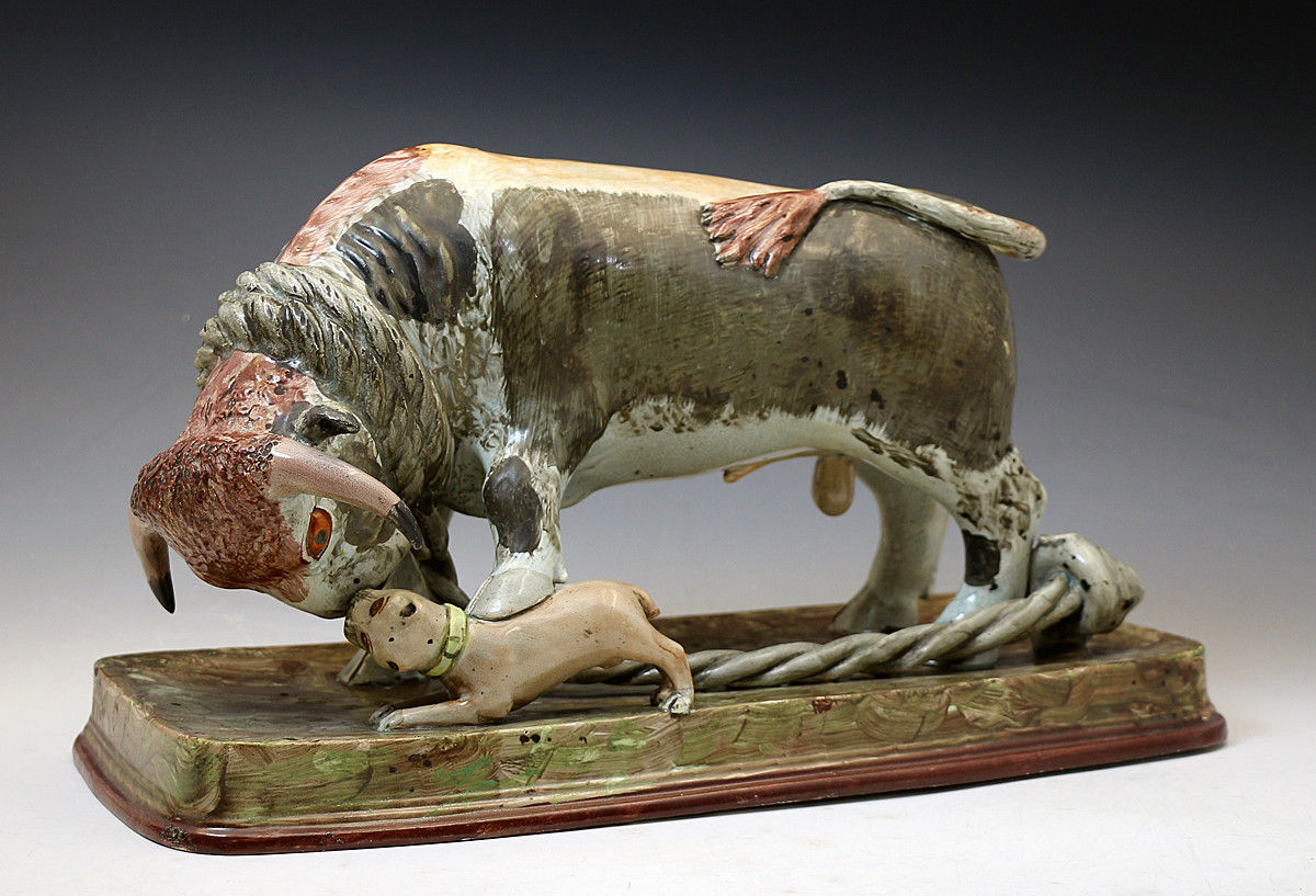 Antique Staffordshire pottery figure group Bull Baiting in pearlware circa 1820