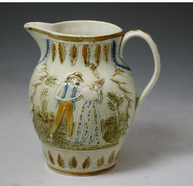  Antique English pottery pitcher in Pratt Ware with sailors return and farewell c1810