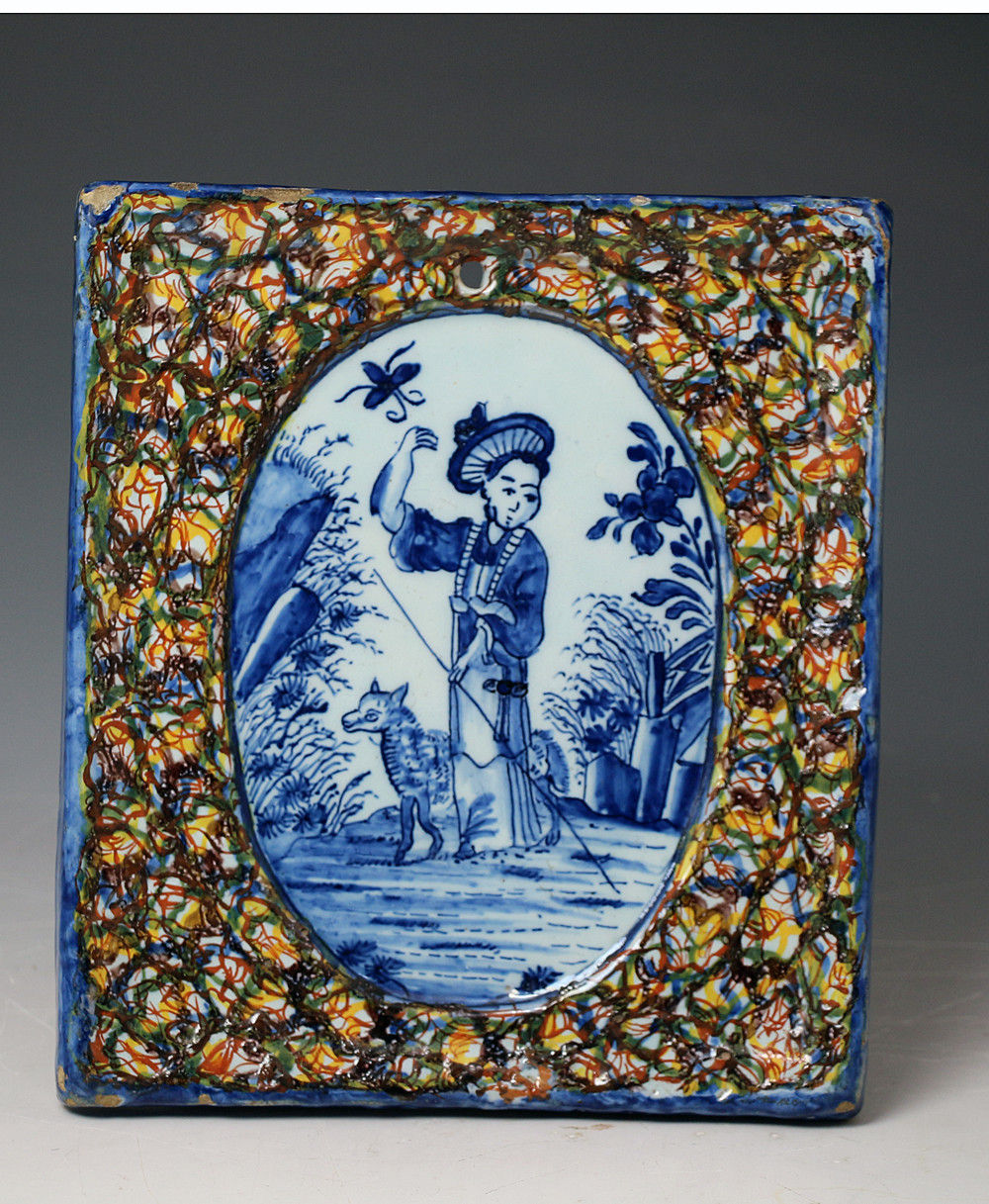 Antique English delftware plaque probably Lambeth Pottery London 18th century.