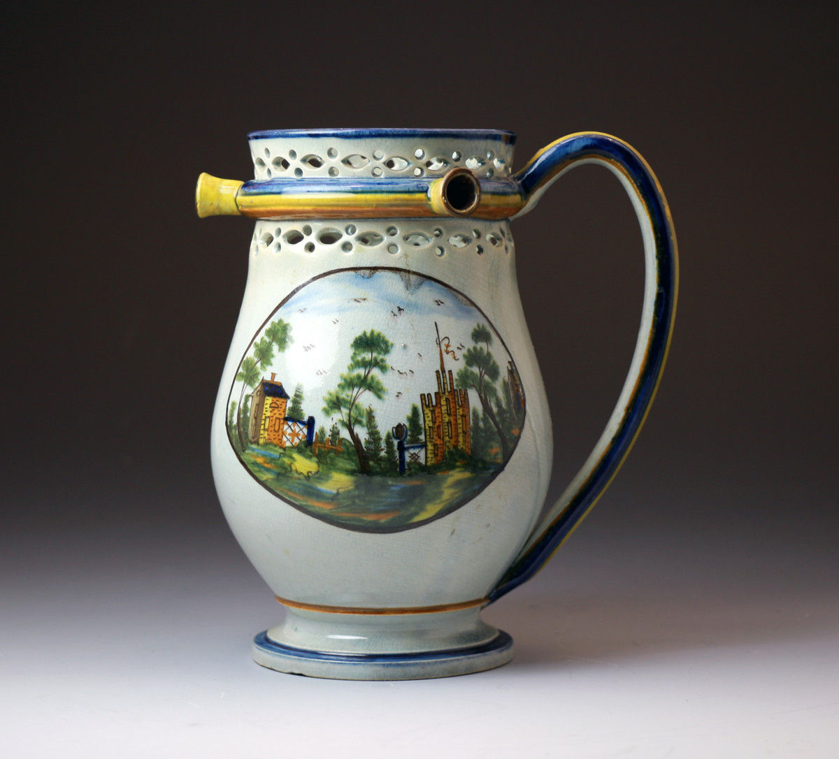 Antique English pottery Prattware puzzle jug c1800 Staffordshire or Yorkshire