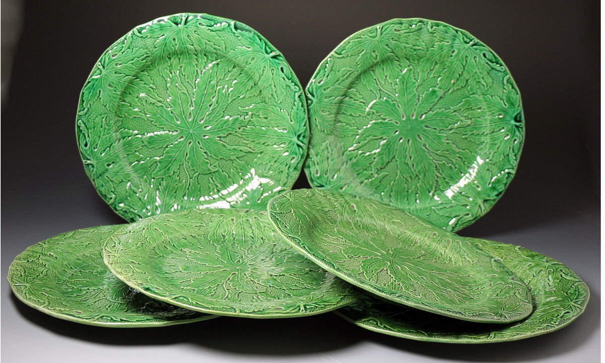 Six antique English pottery green glaze plates from the Herculaneum pottery in Liverpool