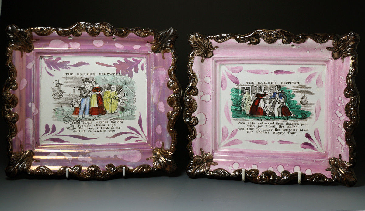 Antique English pottery plaques with pink luster decoration.Sunderland Pottery c1840