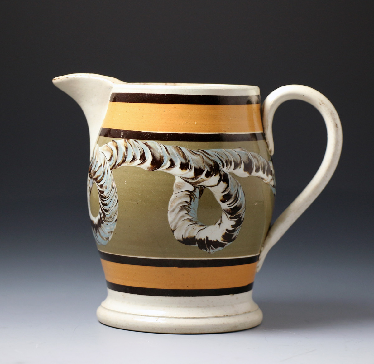  English or Welsh pottery antique mochaware pitcher , earth worm pattern c1820