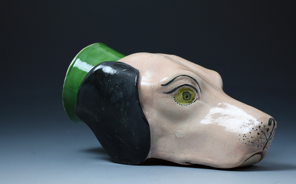 Antique Pottery Scottish pearlware stirrup cup of a hound early 19th century