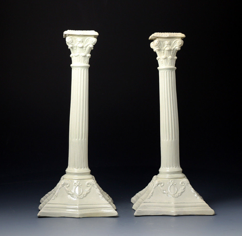 Antique English pottery  creamware  candlesticks late 18th century