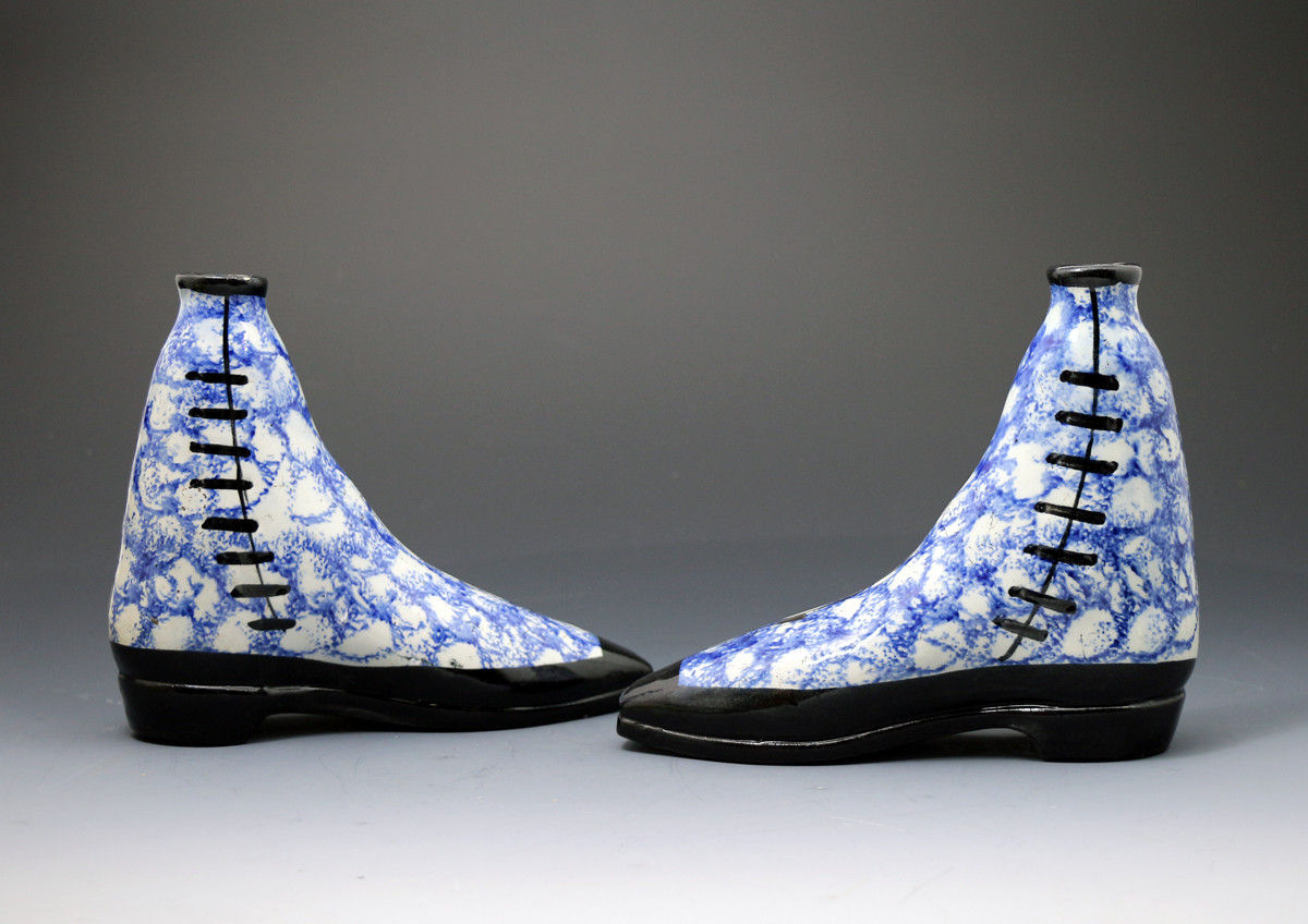Pair antique pottery spongeware boot shaped  spirit flasks.Scottish pottery c1855