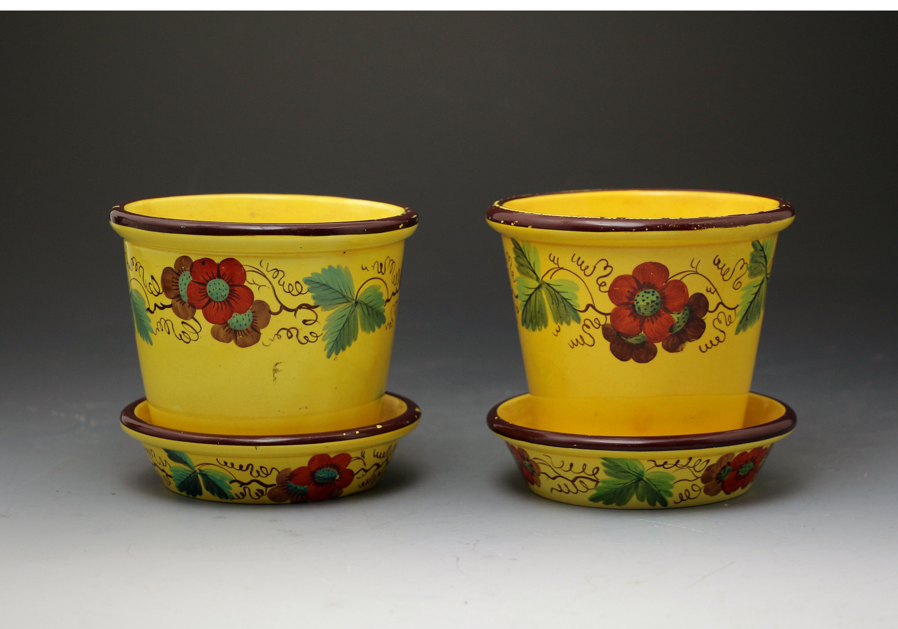Pair antique English canary yellow pottery jardinieres with stands British early 19th century period