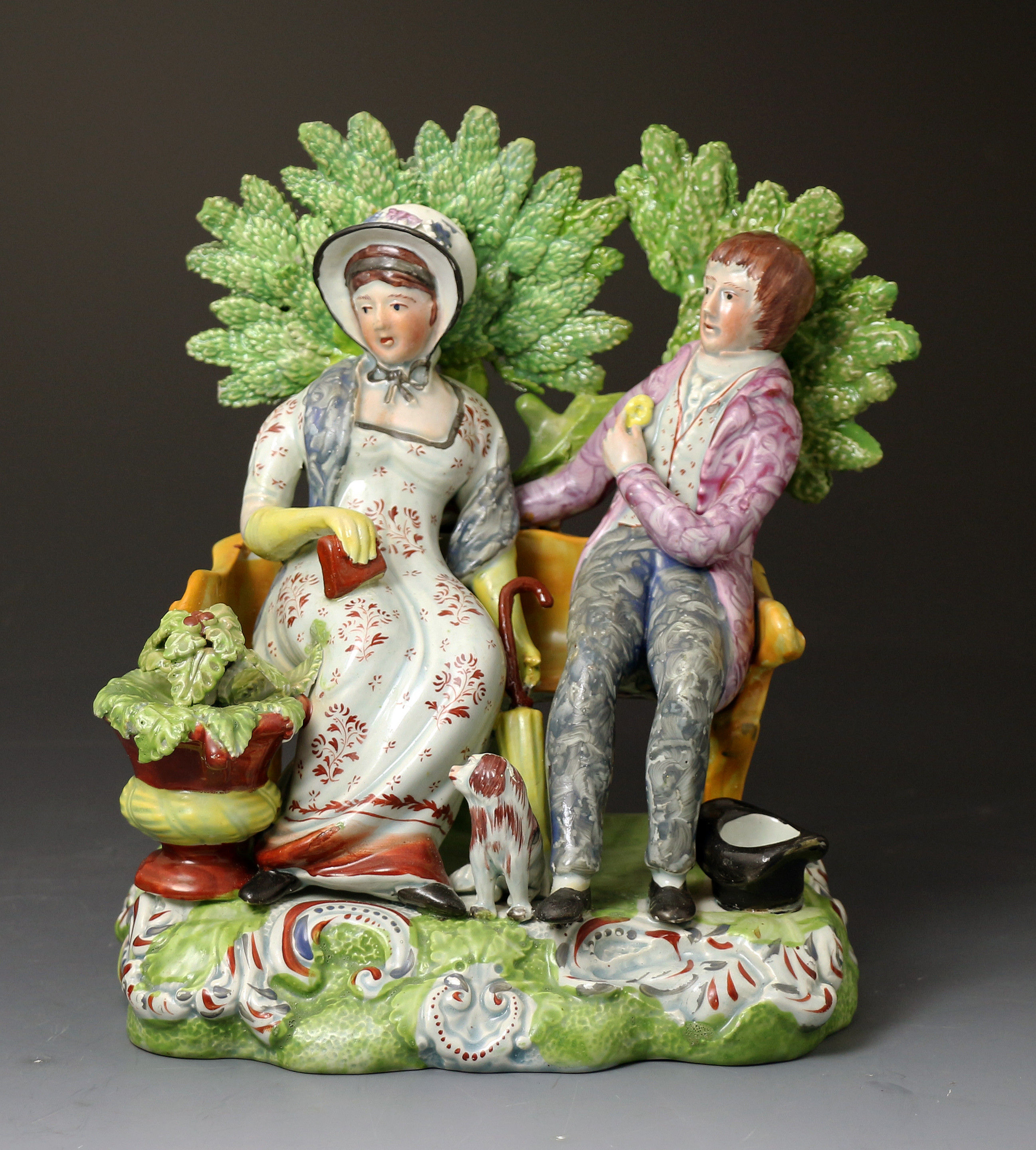 Antique English pearlware bocage figure Persuasion Staffordshire Pottery early 19th century period