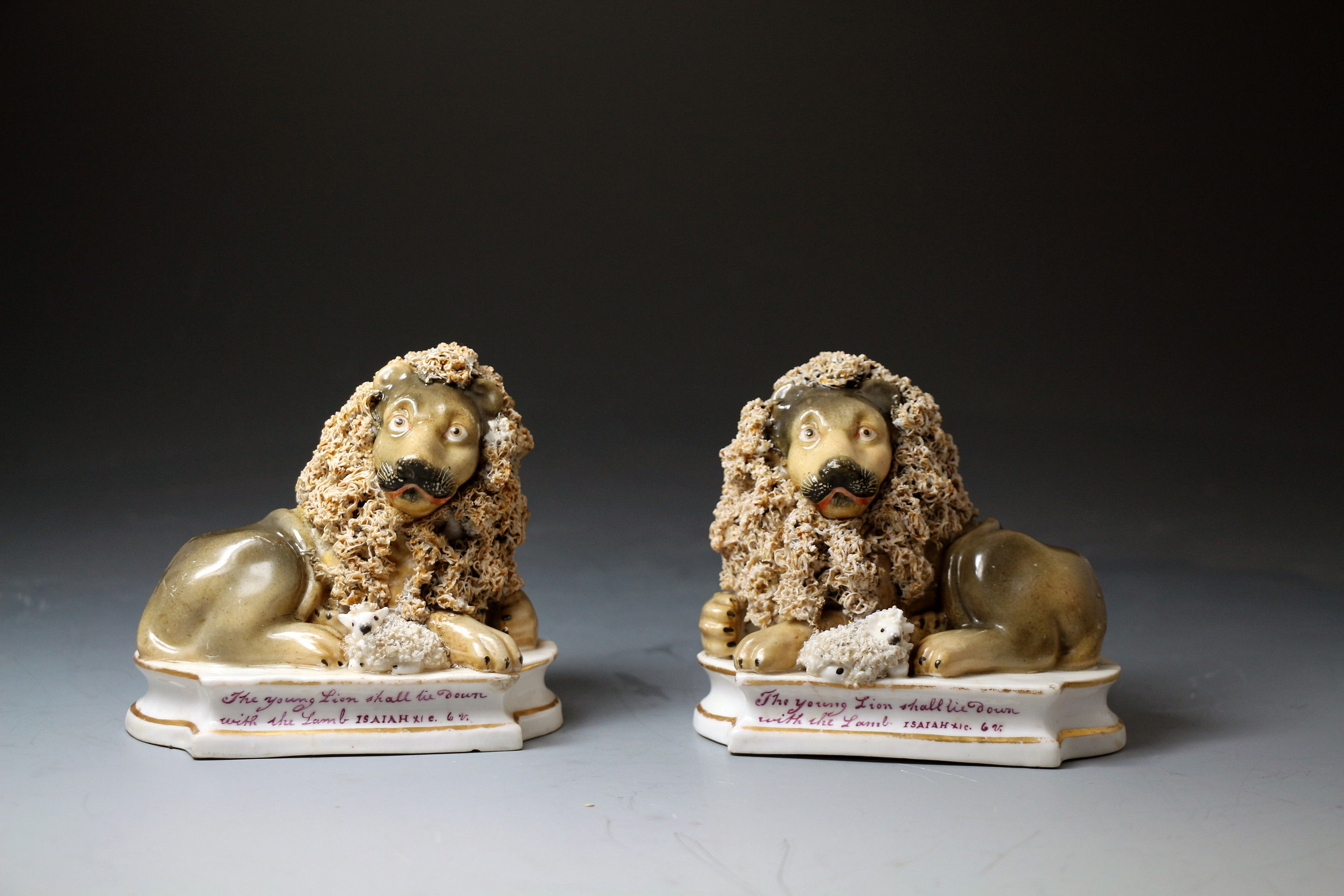 Pair of antique Staffordshire figures , The Lion and the Lamb,John and Rebecca Lloyd c1836