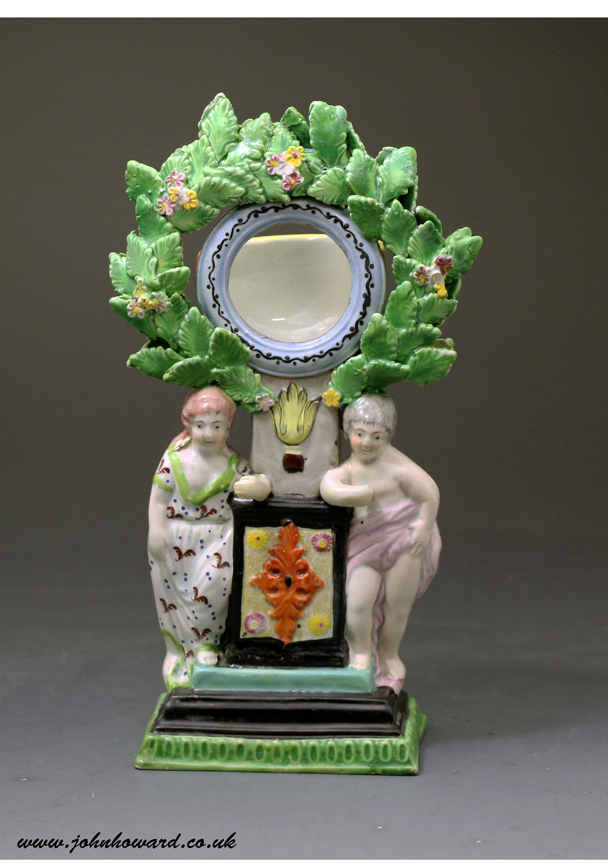 Staffordshire pearlware pottery watch holder with bocage , antique period early 19th century 