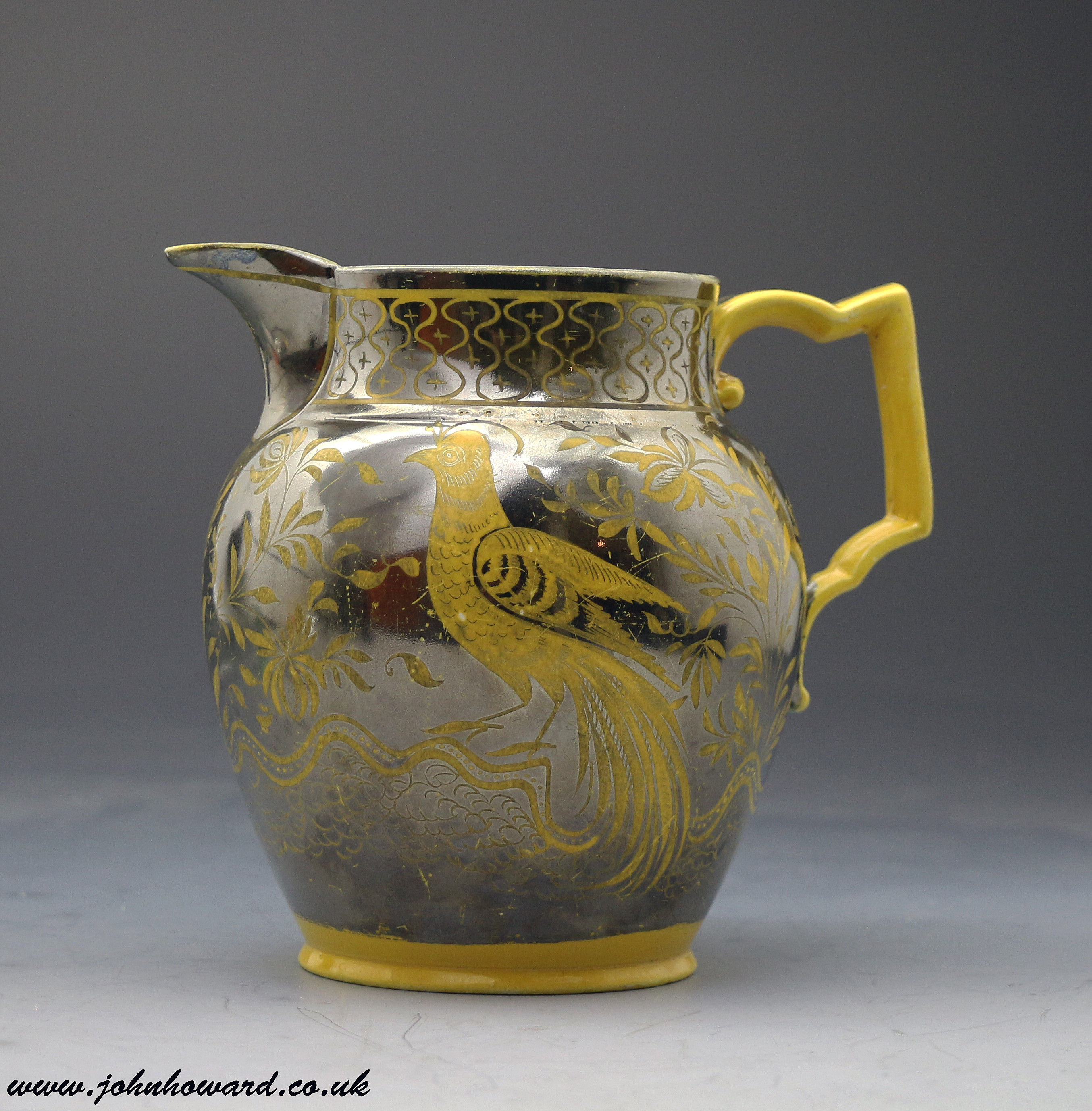Antique canary yellow and silver luster pottery pitcher English early 19th century