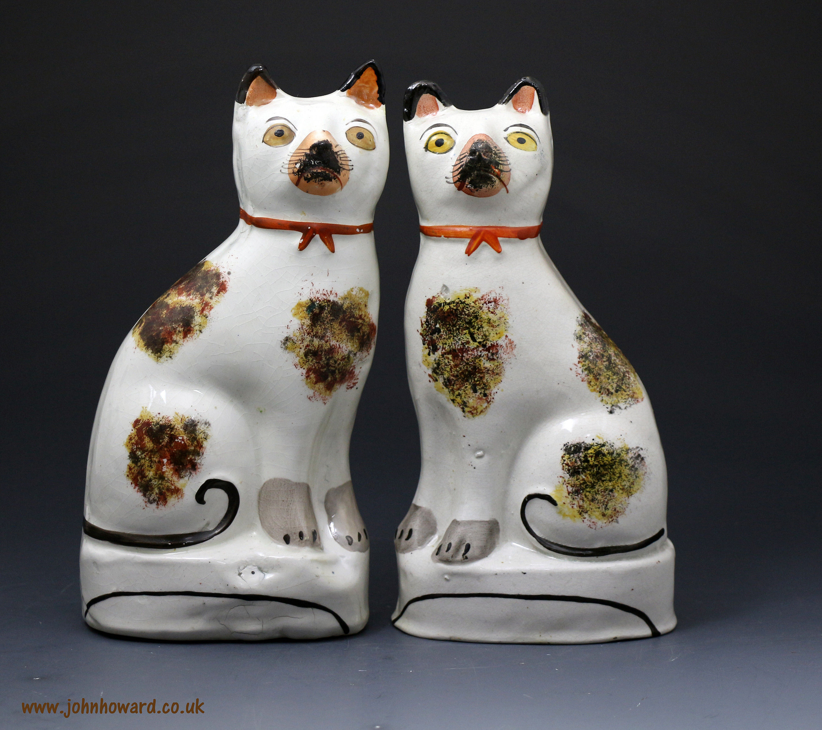 Antique Staffordshire pottery pair figures of seated cats Victorian period mid 19th century