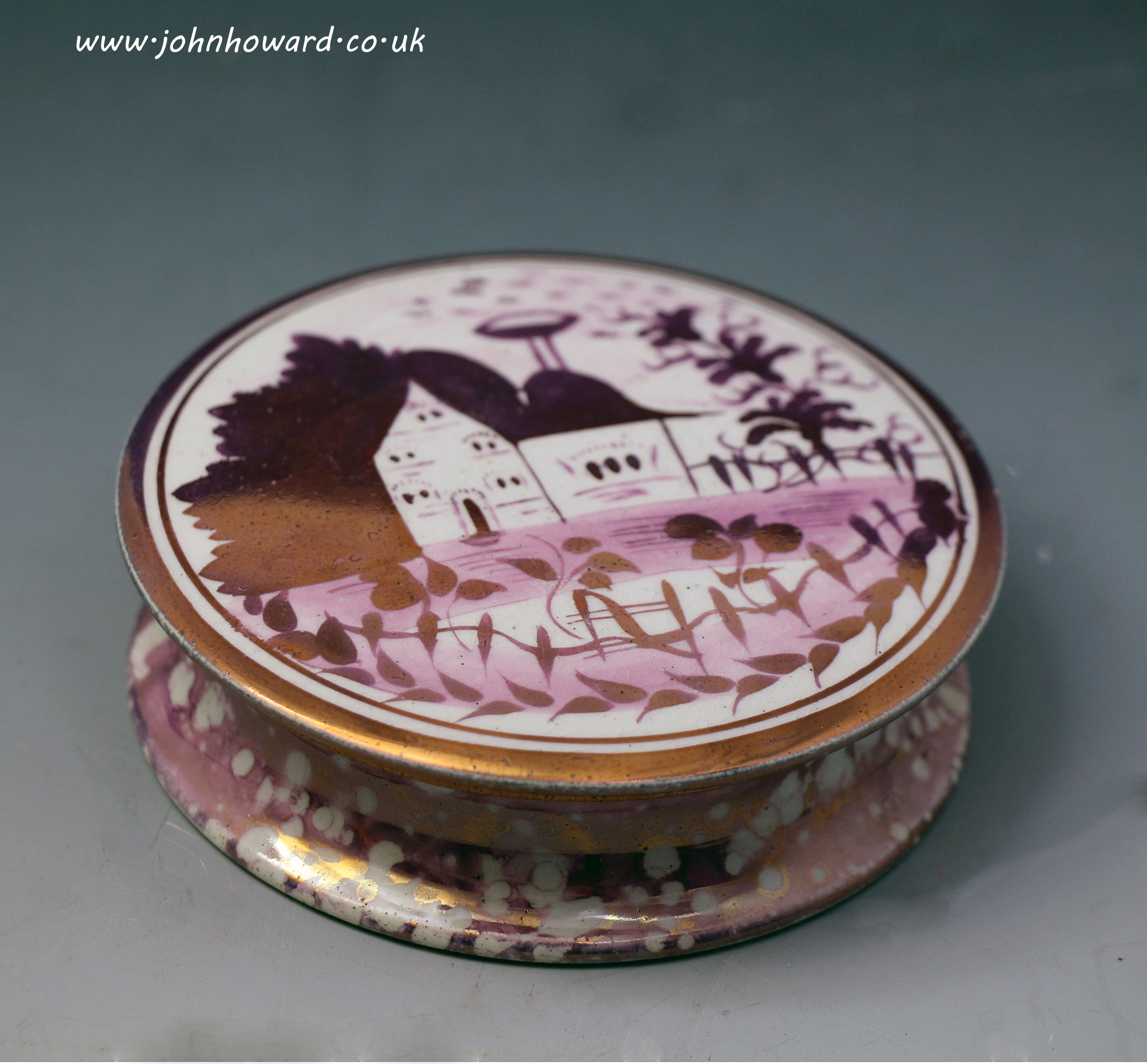 Antique Pink luster pottery circular box Staffordshire c1820