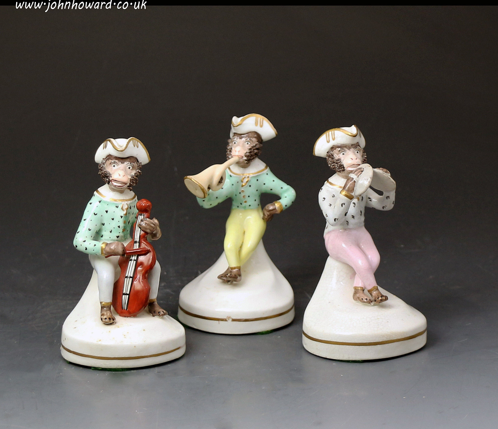 Antique Staffordshire pottery Monkey Band figures  a trio.circa1840