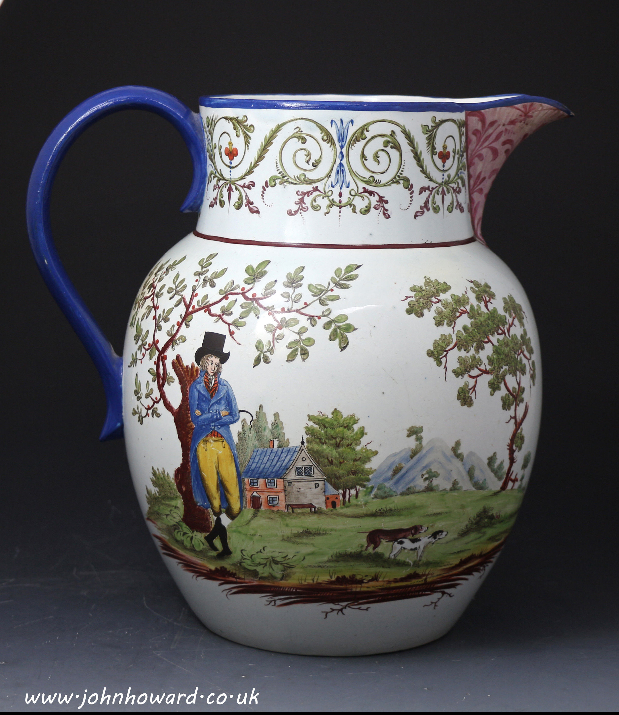 Large  English pottery pearlware pitcher with figures of a youth and his dog the reverse with birds in trees in chinoserie style.
