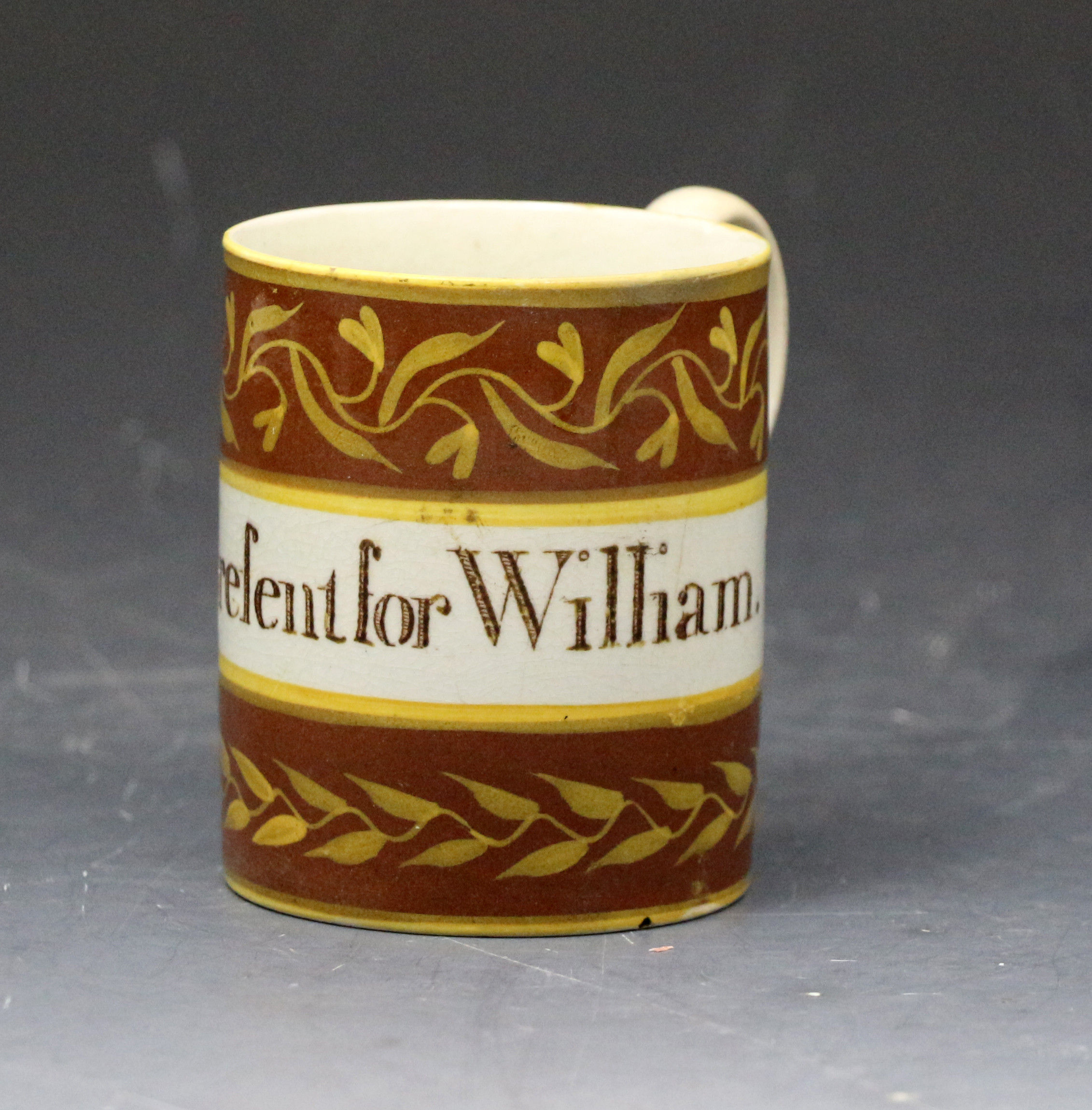 Antique creamware mug Present for William English pottery period late 18th century