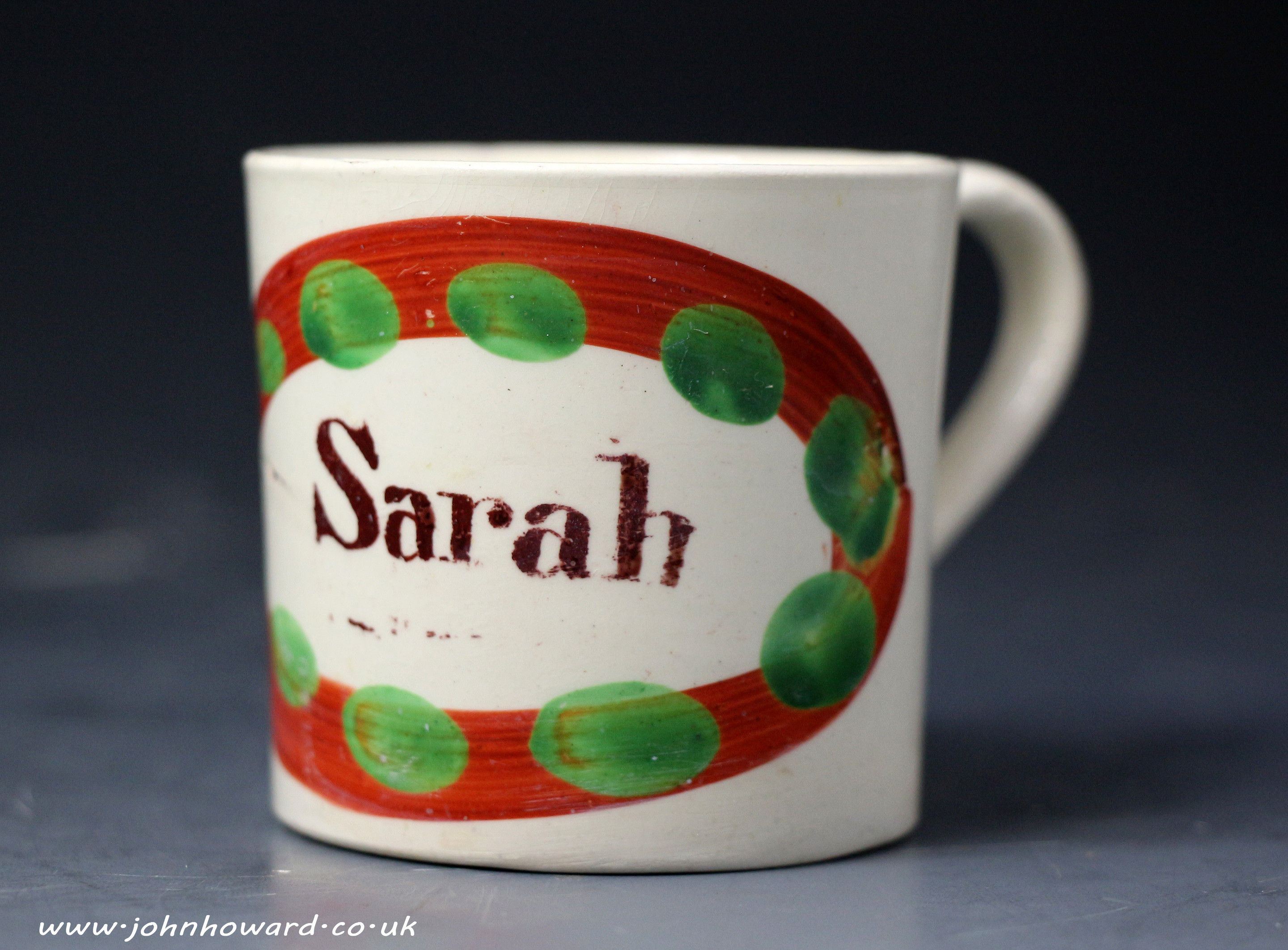 Antique English creamware pottery mug named SARAH c1780