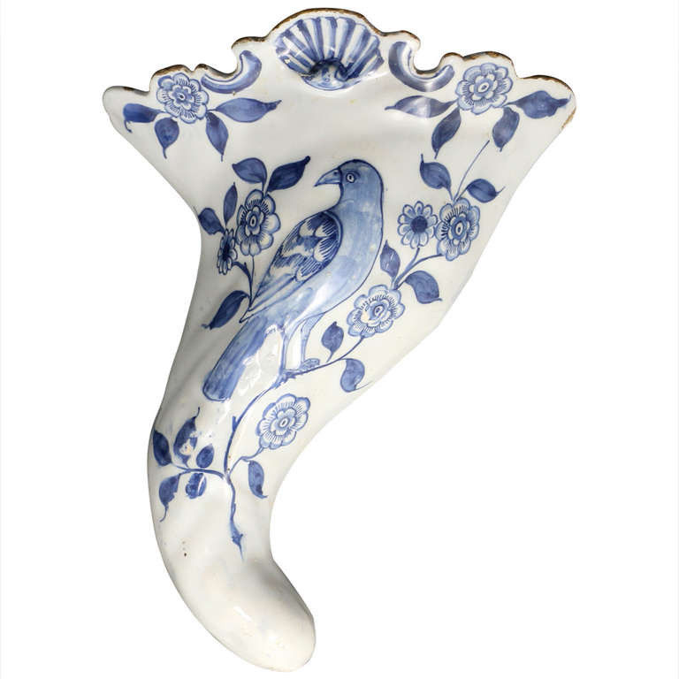 Antique English pottery delftware wall pocket, Liverpool circa 1745 period.