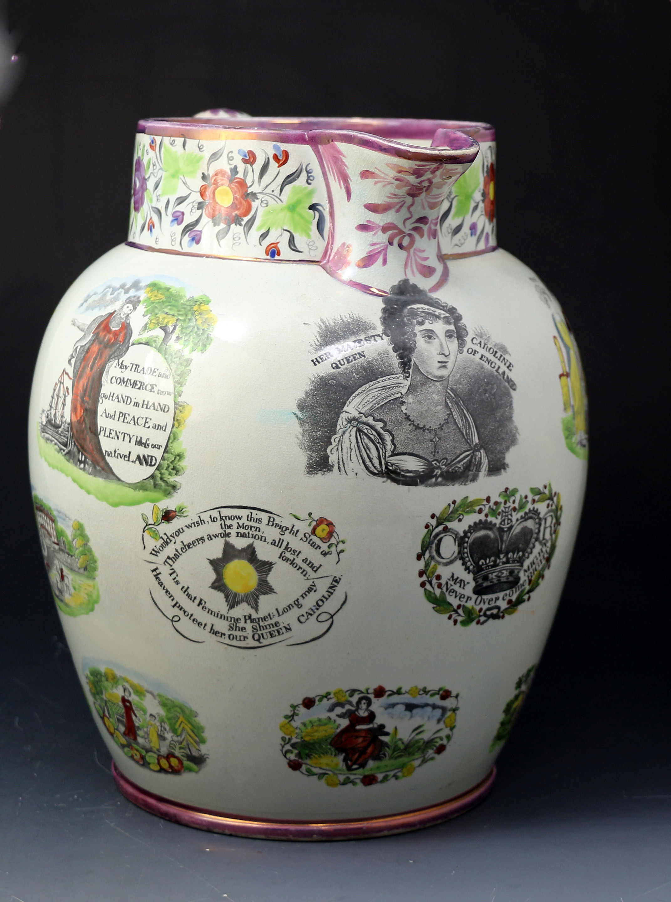 Massive  Pink luster Queen Caroline pitcher Sunderland Pottery. c1820