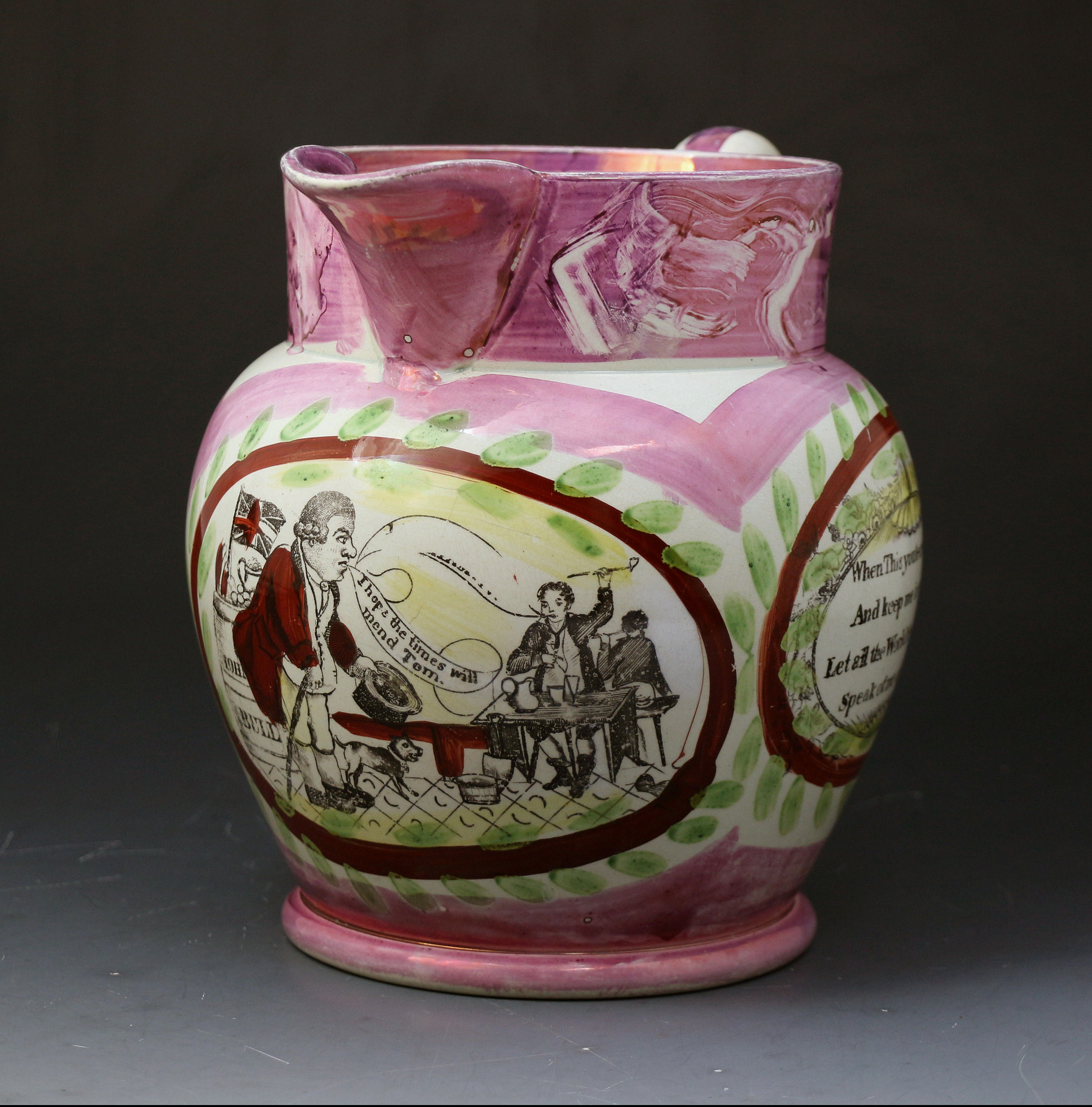 Sunderland pottery pink lustre jug with transfer cartoon prints related to John Bull c1820